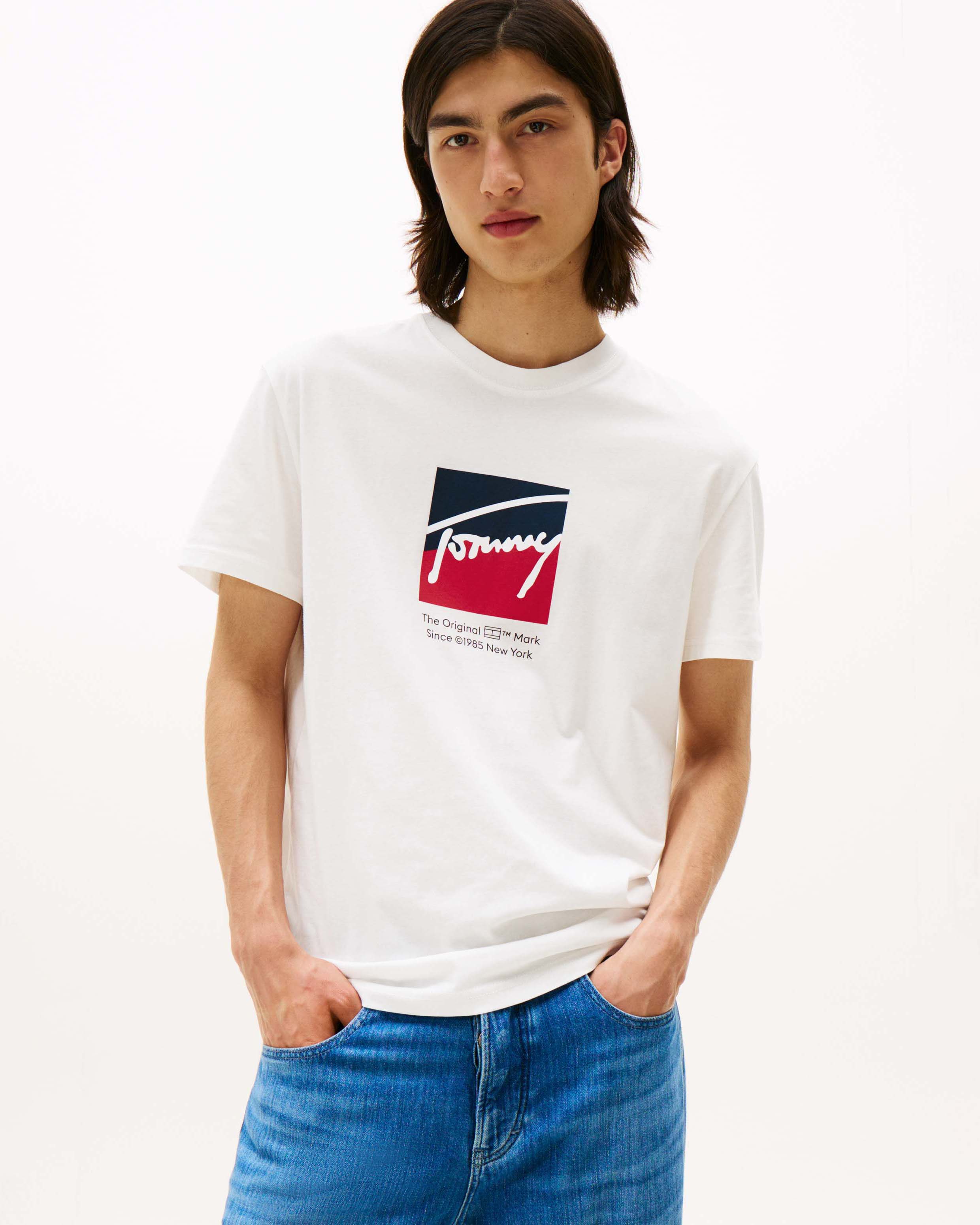 T-shirt Tommy Jeans bianca in cotone con stampa logo box frontale