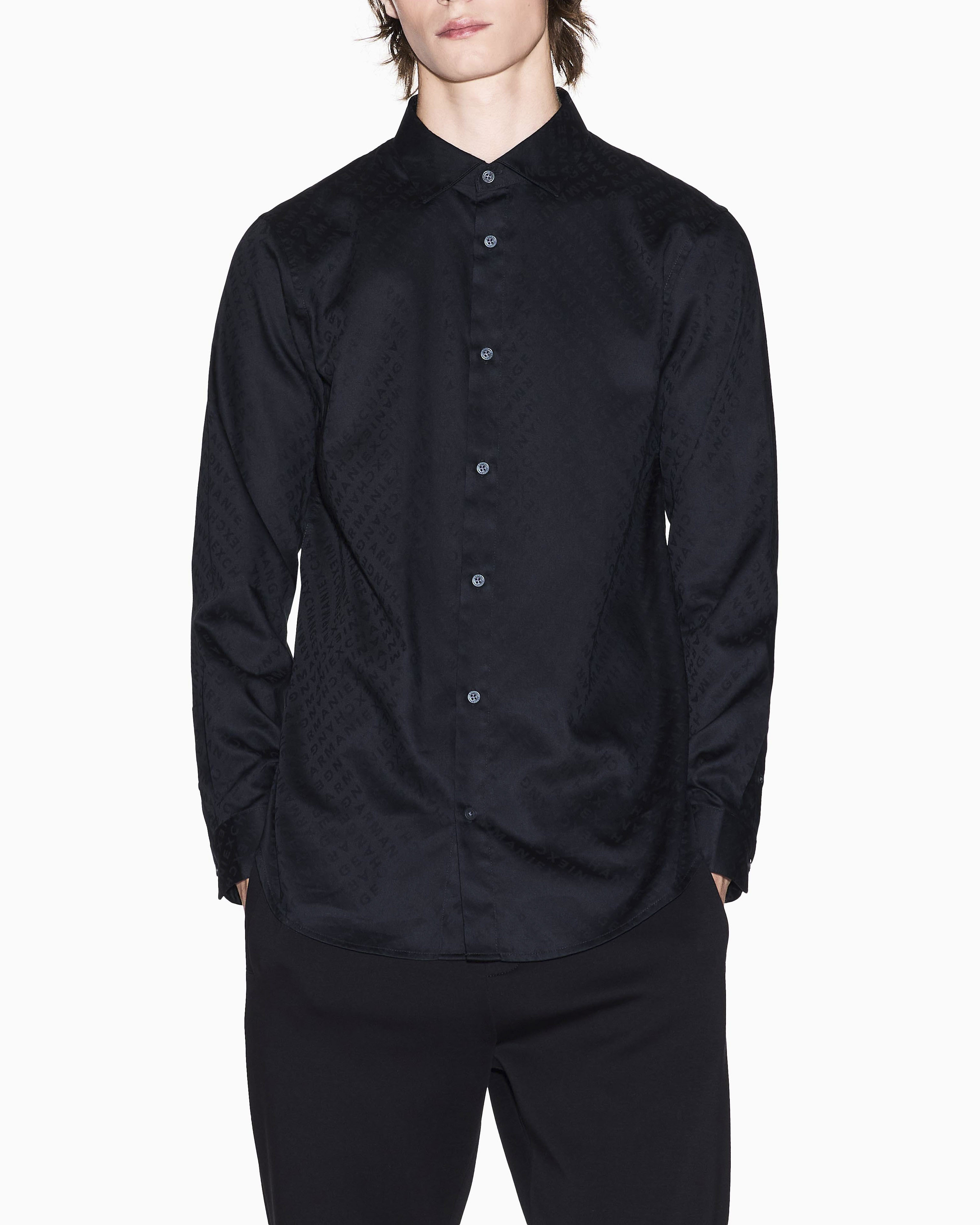 Camicia Armani Exchange nera in cotone con logo jacquard all over tono su tono image