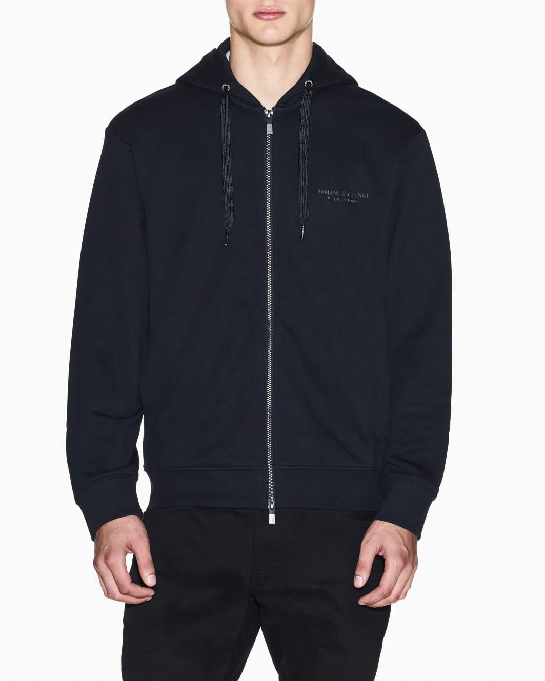 Felpa Armani Exchange blu in cotone con cappuccio e chiusura zip image