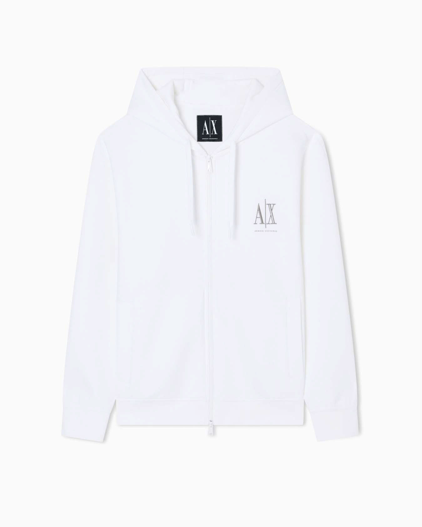 Felpa Armani Exchange bianca in cotone elasticizzato con cappuccio e chiusura zip
