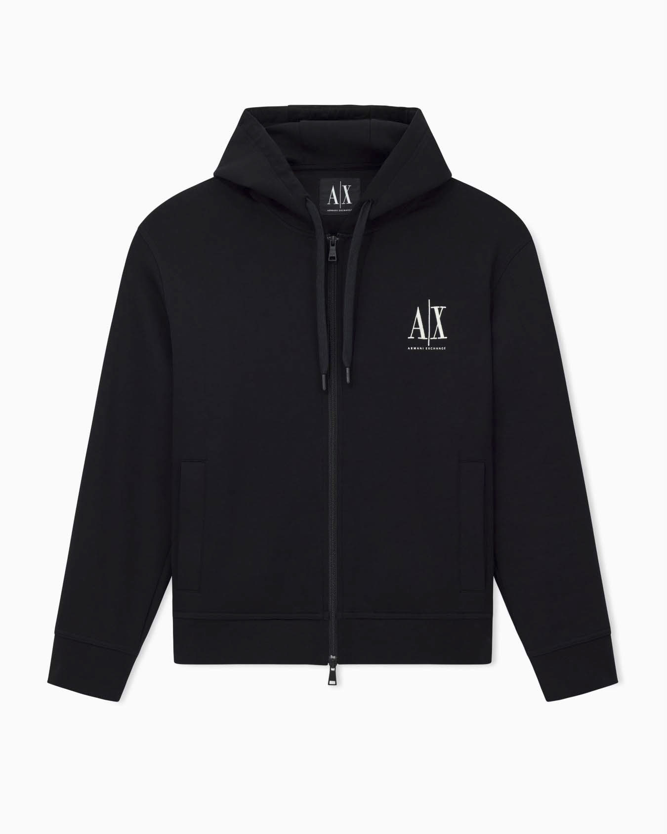Felpa Armani Exchange nera in cotone elasticizzato con cappuccio e chiusura zip