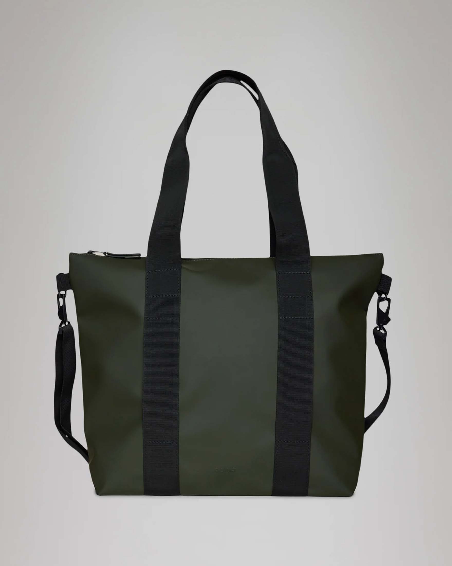 Tote Bag Mini Rains verde militare con manici a mano e tracolla più lunga rimovibile