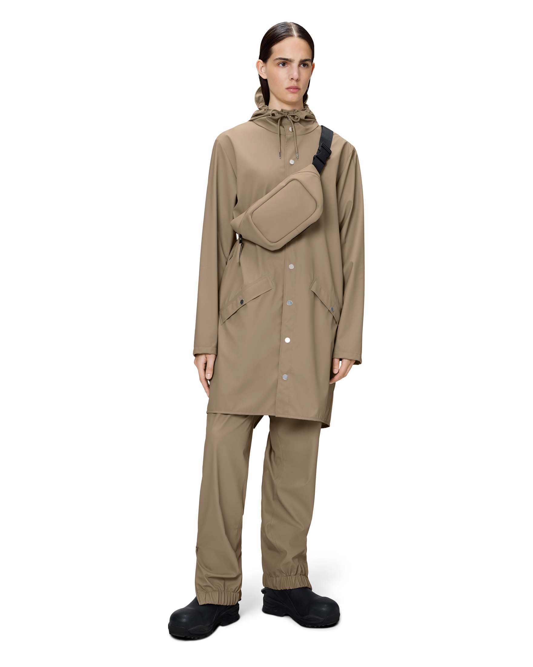Impermeabile Long Jacket beige con cappuccio dalla finitura metallica