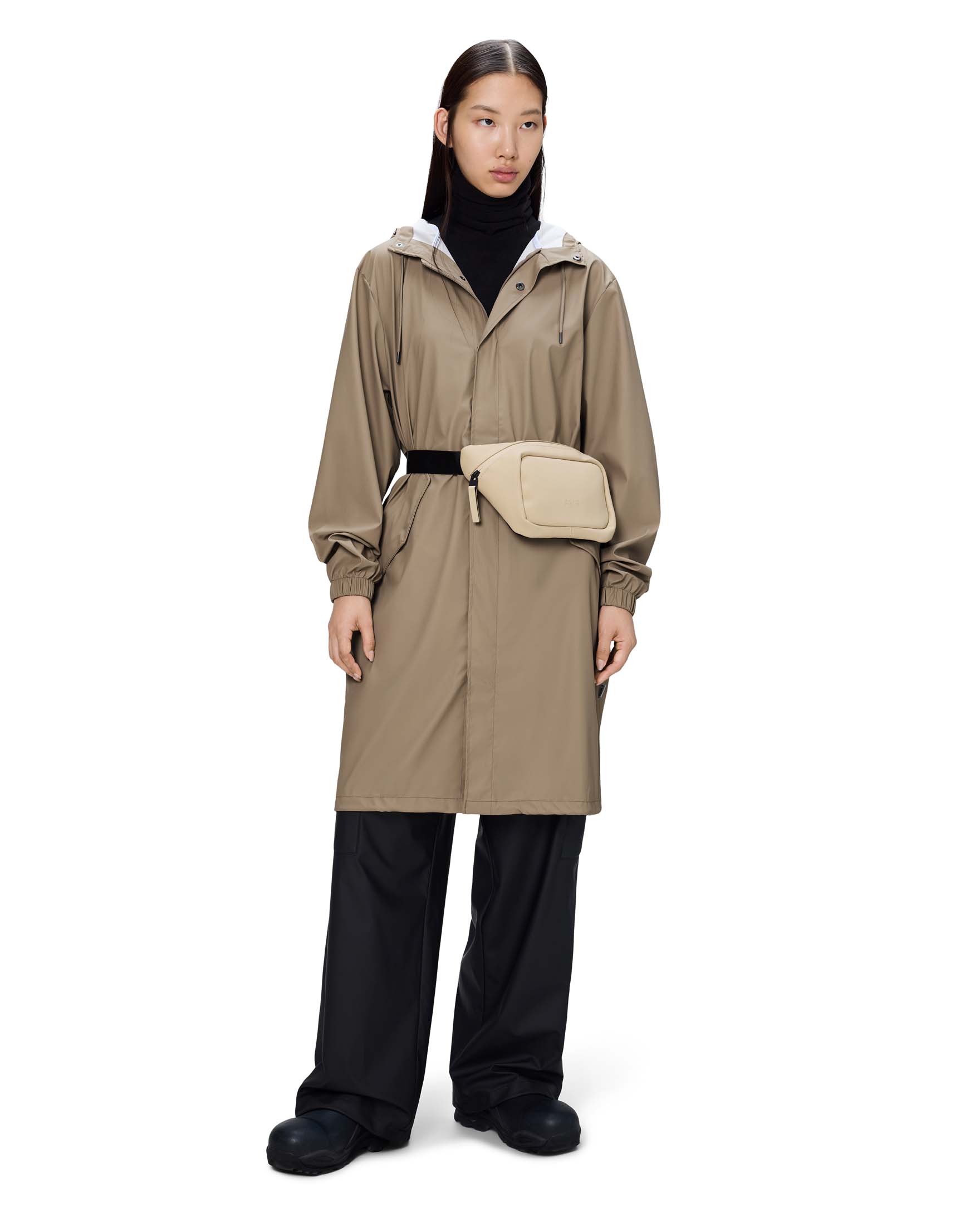Fishtail Parka lungo beige leggero con cappuccio fisso e visiera