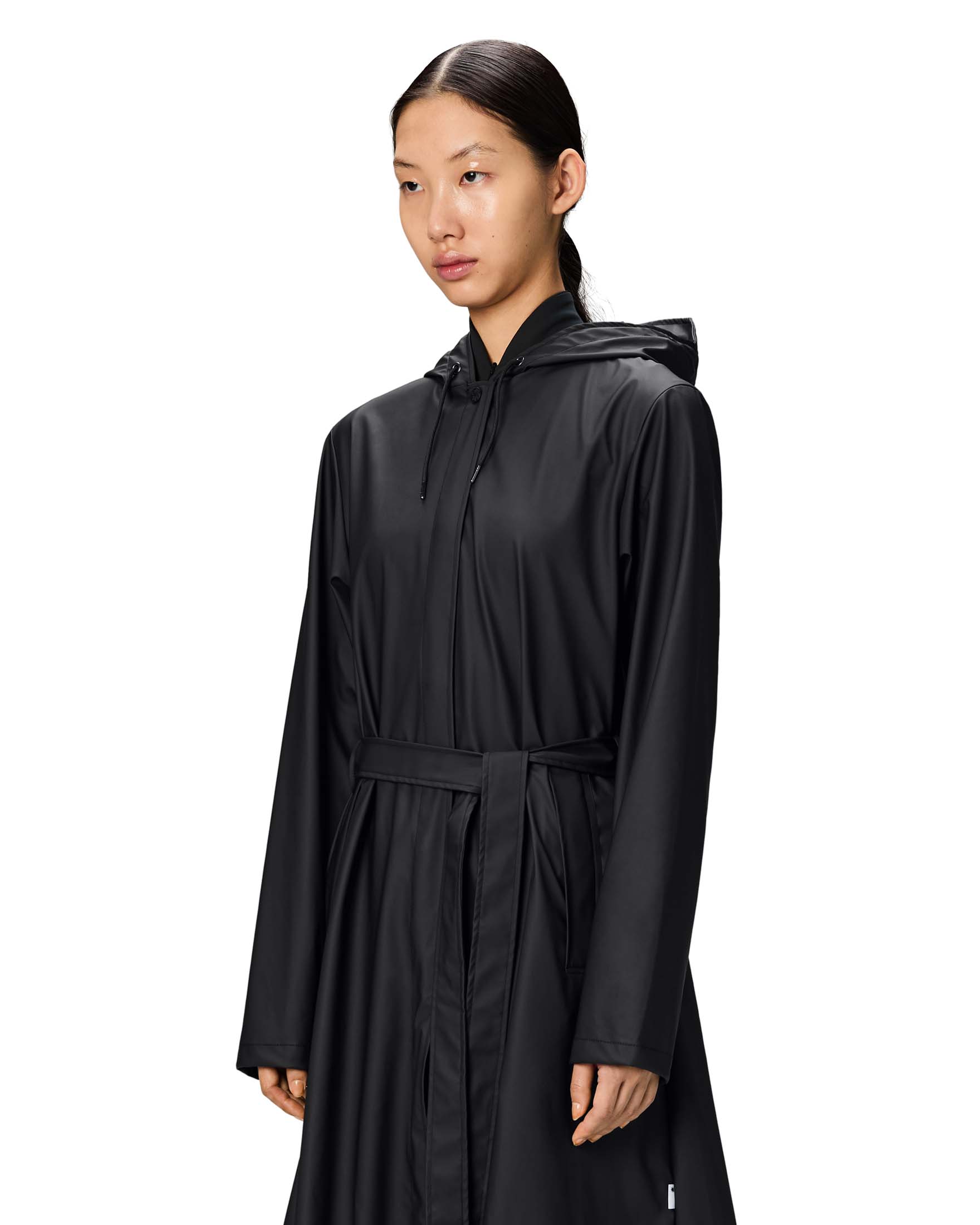 A-Line Longer W Jacket Rains nero dalla linea svasata con cappuccio e cintura in vita image