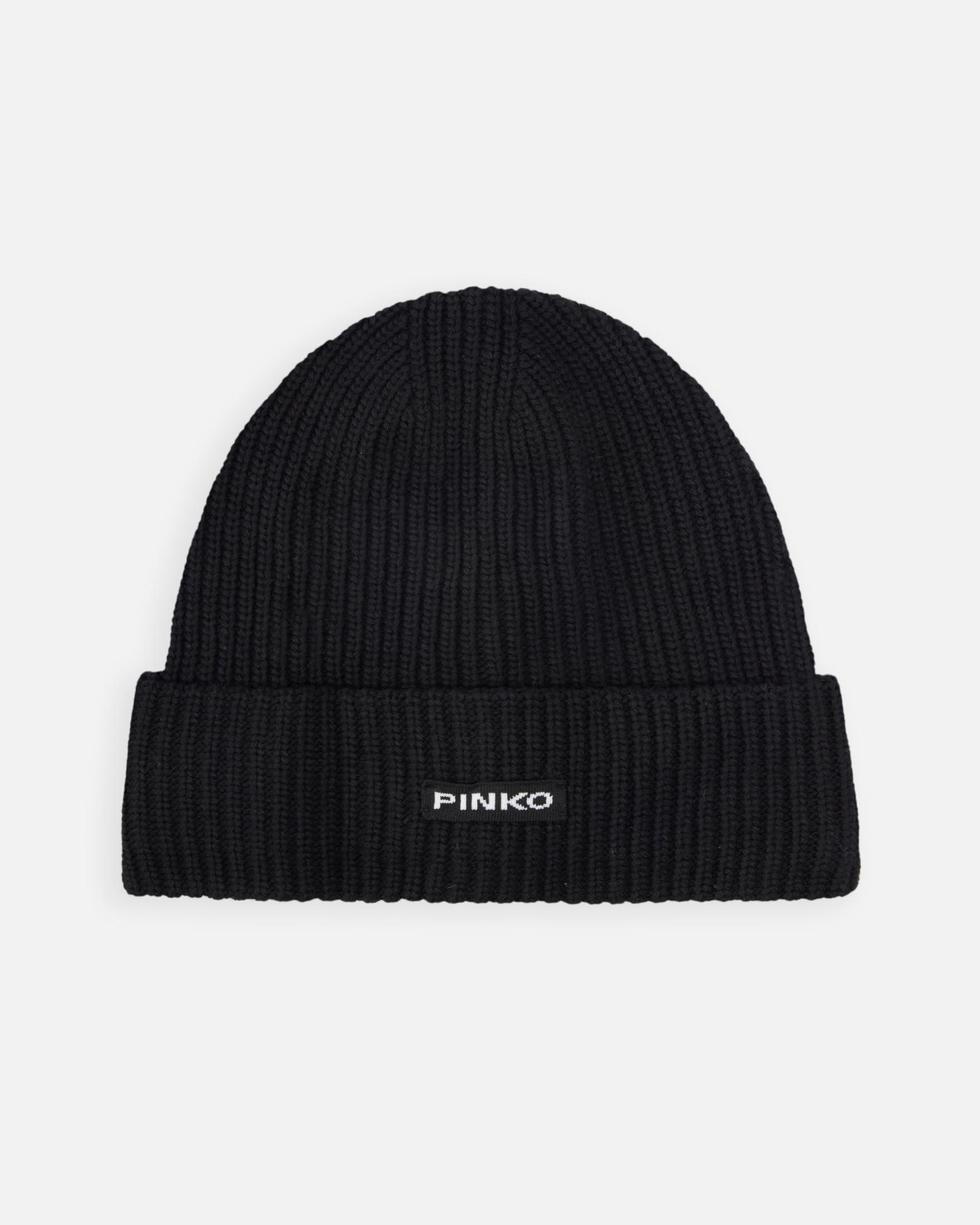 Pinko — Berretto nero Pinko a coste in misto lana e cashmere con risvolto