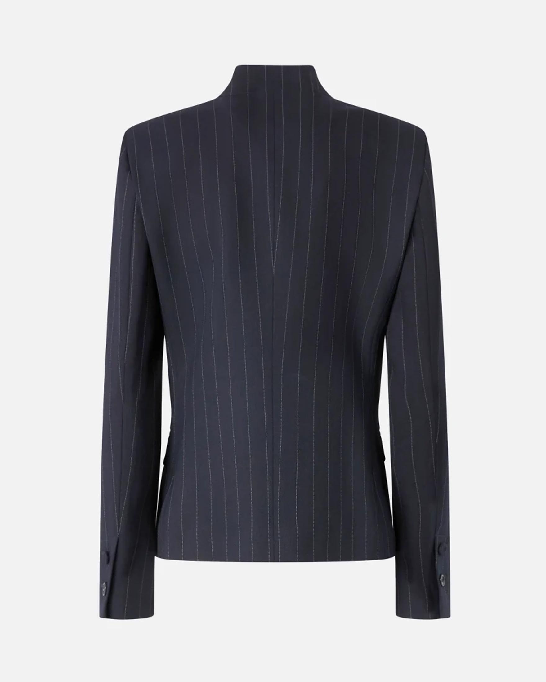 Blazer blu Pinko gessato grigio dal taglio maschile in misto lana con scollo a rever image