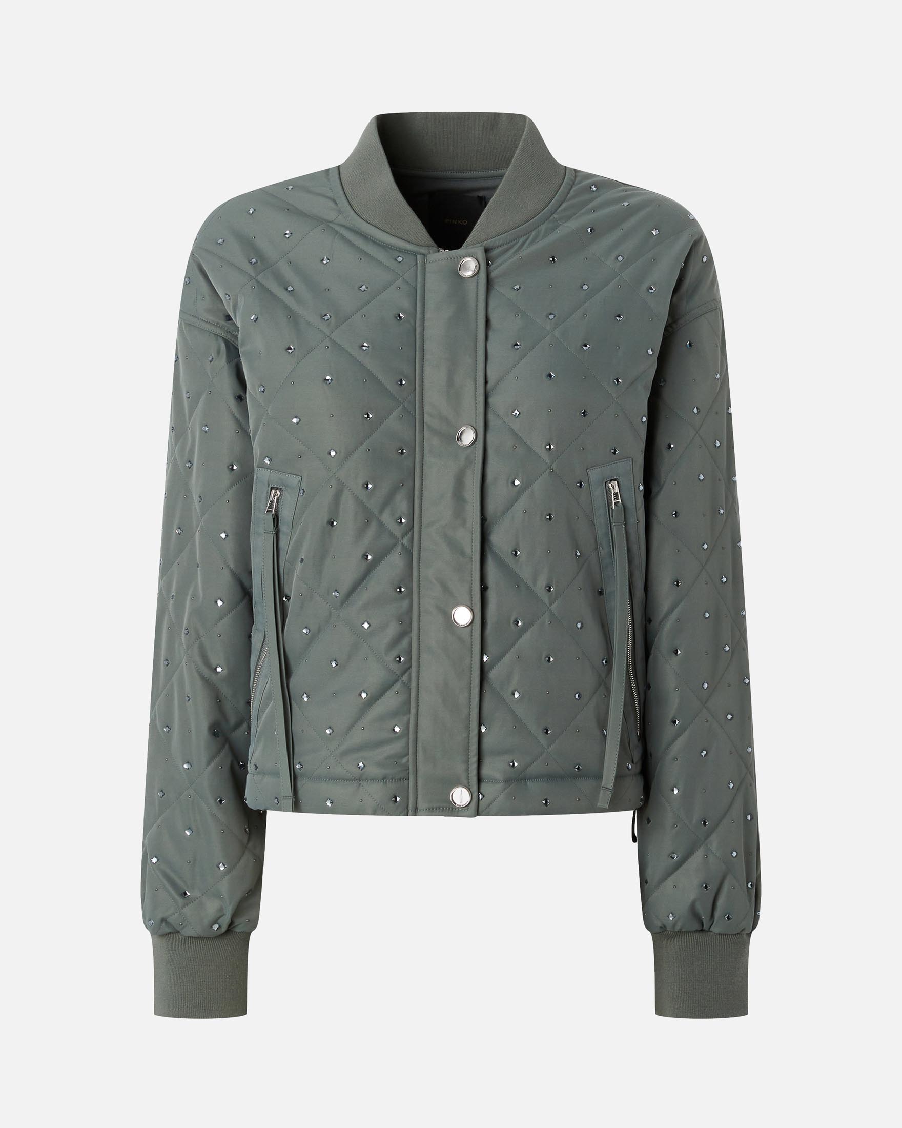 Bomber verde Pinko in tessuto diagonale dal finish opaco trapuntato con strass applicati