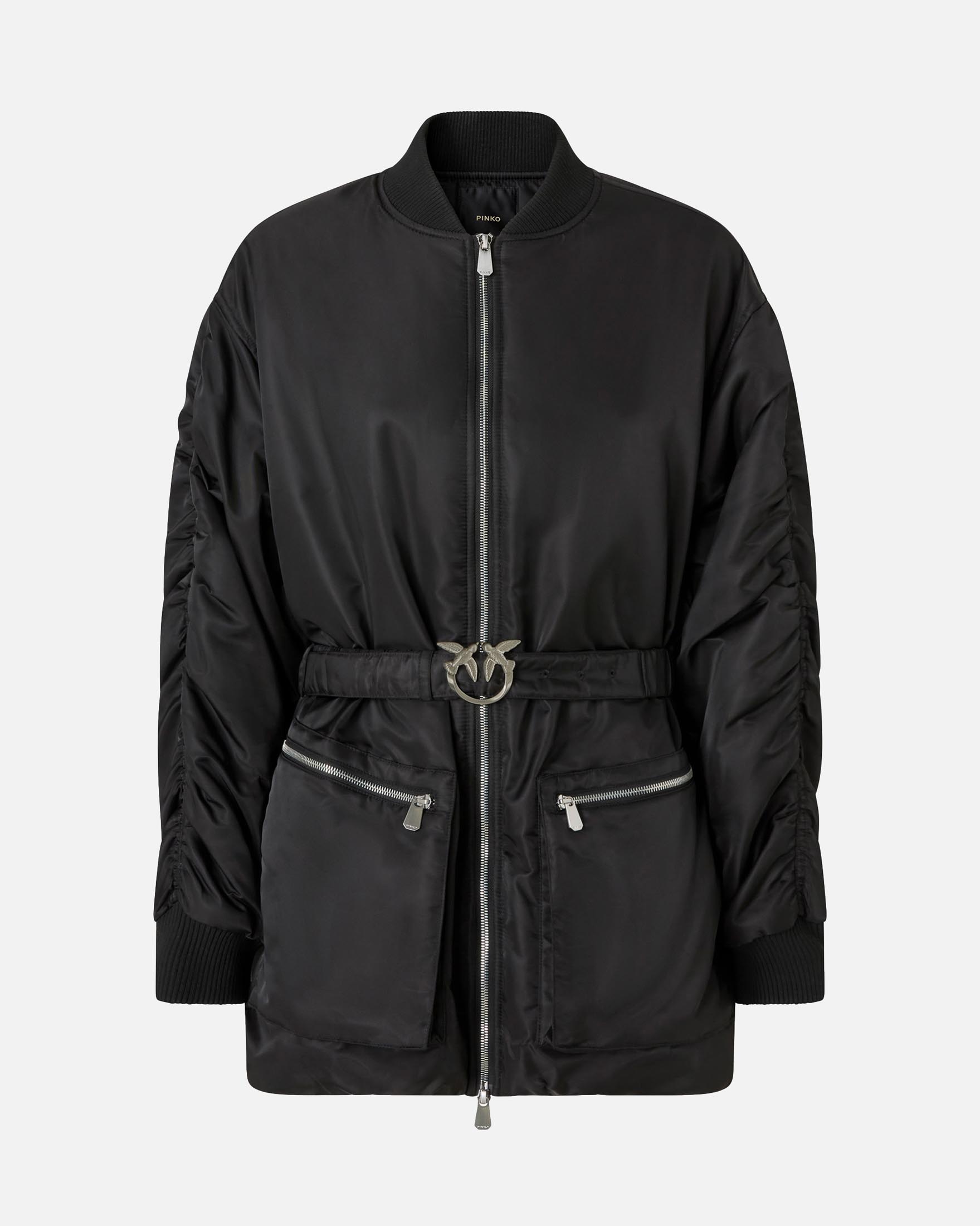 Bomber midi nero Pinko dalla linea over con cintura arricciata in vita con fibbia Lover Birds