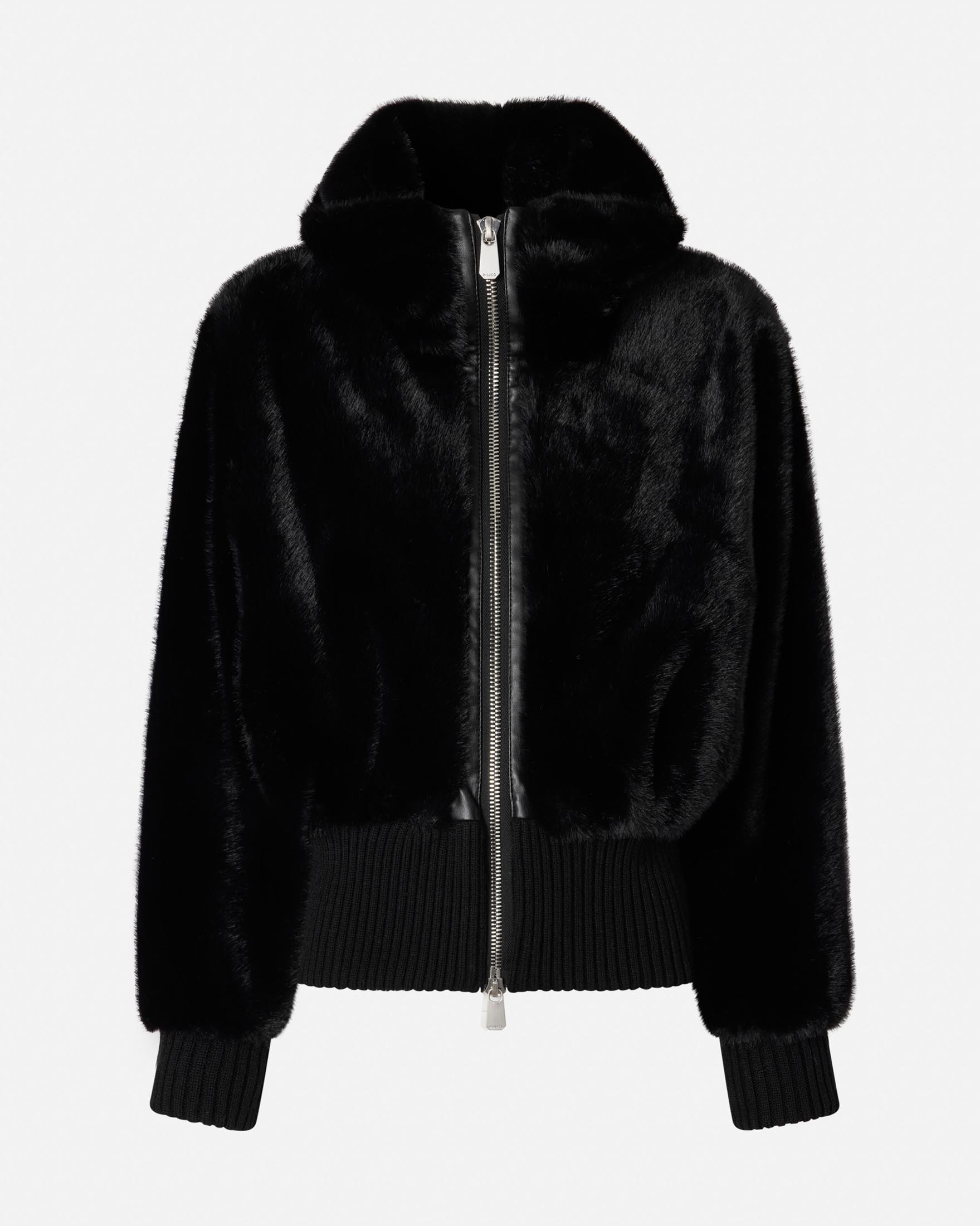 Bomber corto nero Pinko in ecopelliccia con collo alto e polsini in tessuto a coste