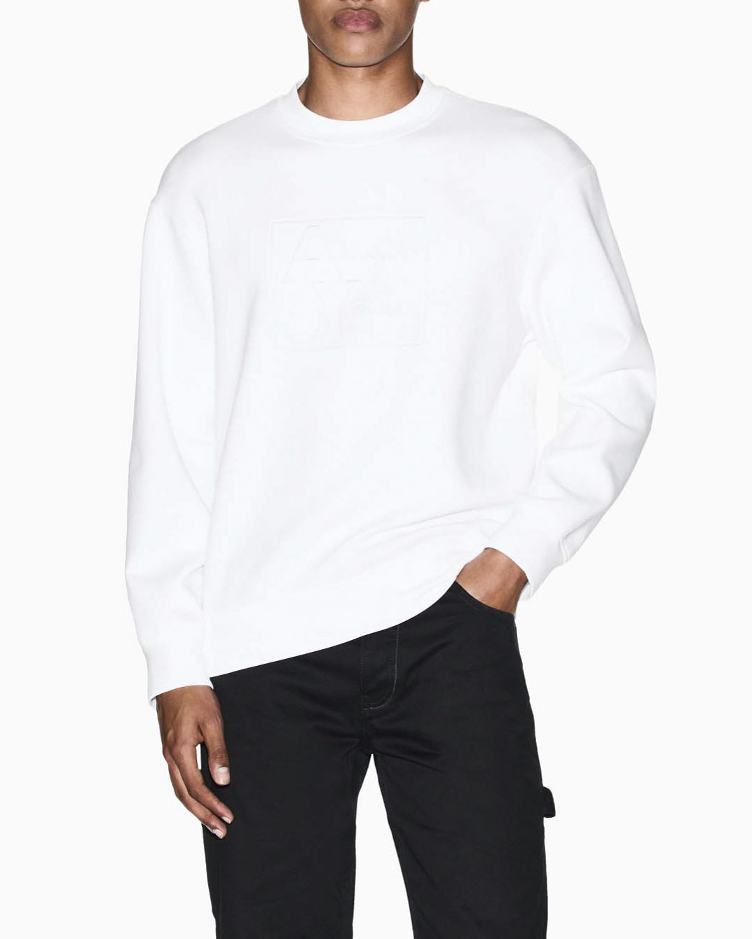 Felpa girocollo Armani Exchange bianca in cotone stretch con logo impresso in tono sul davanti