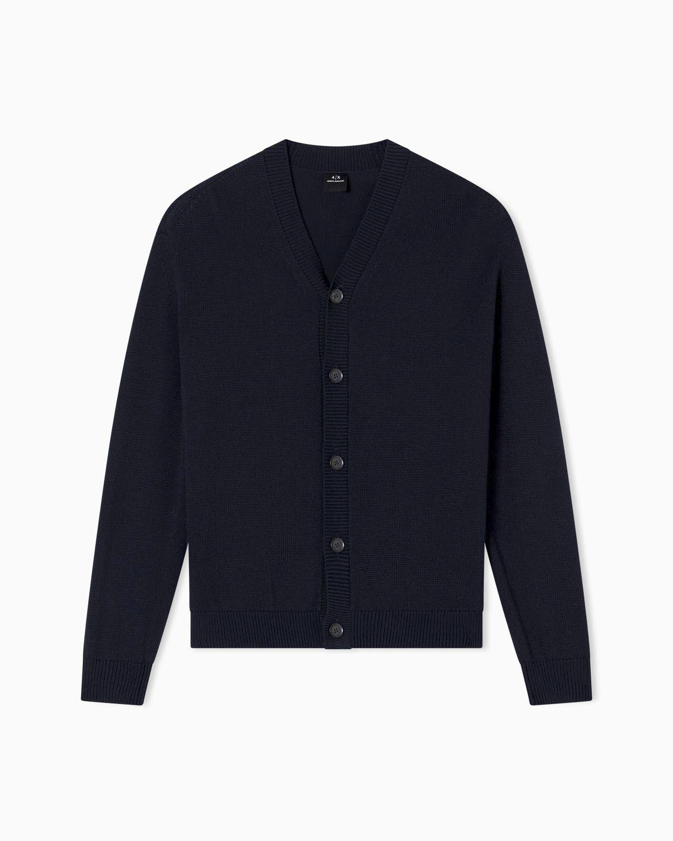 Cardigan Armani Exchange blu in misto lana e cotone con chiusura a bottoni