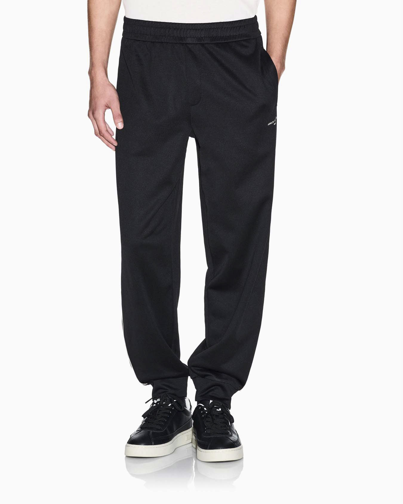 Pantaloni Armani Exchange neri in misto cotone con logo stampato e profili a contrasto image