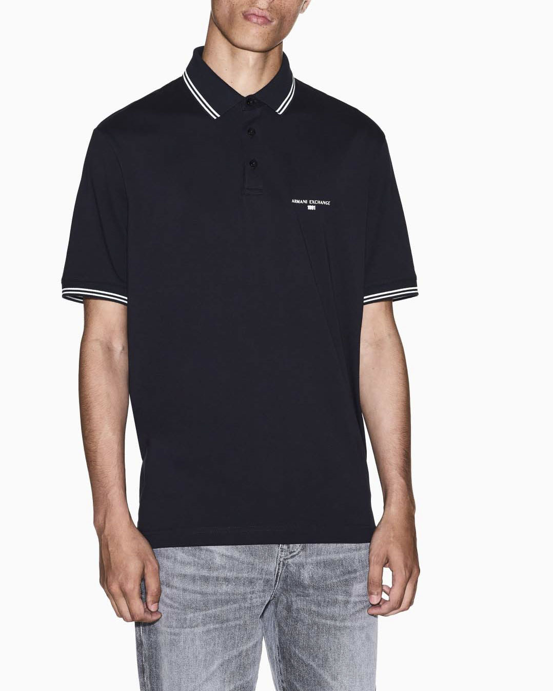 Polo mezza manica Armani Exchange blu in cotone con logo ricamato e bordino a contrasto