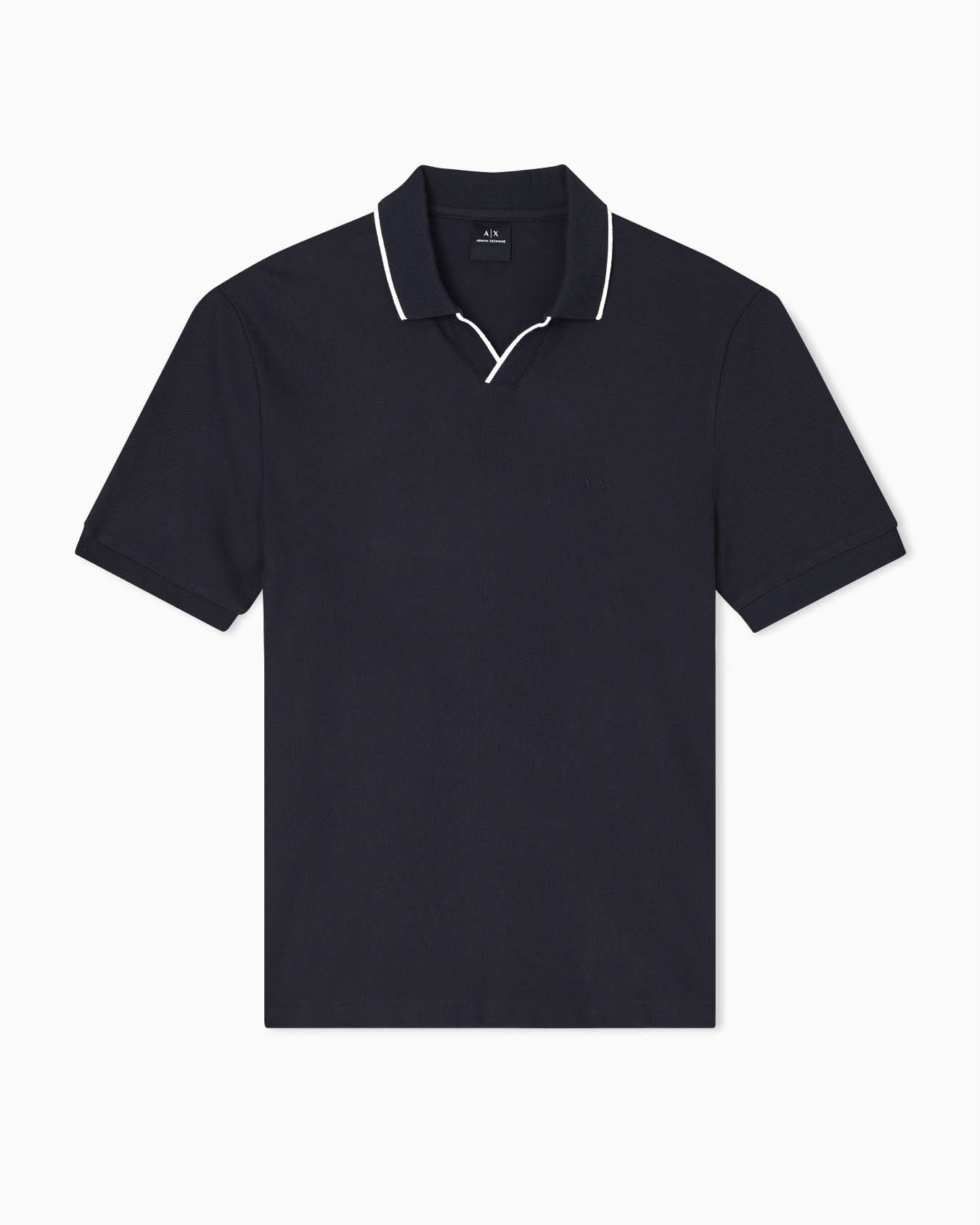 Polo Armani Exchange blu in cotone con profili a contrasto e logo ricamato tono su tono
