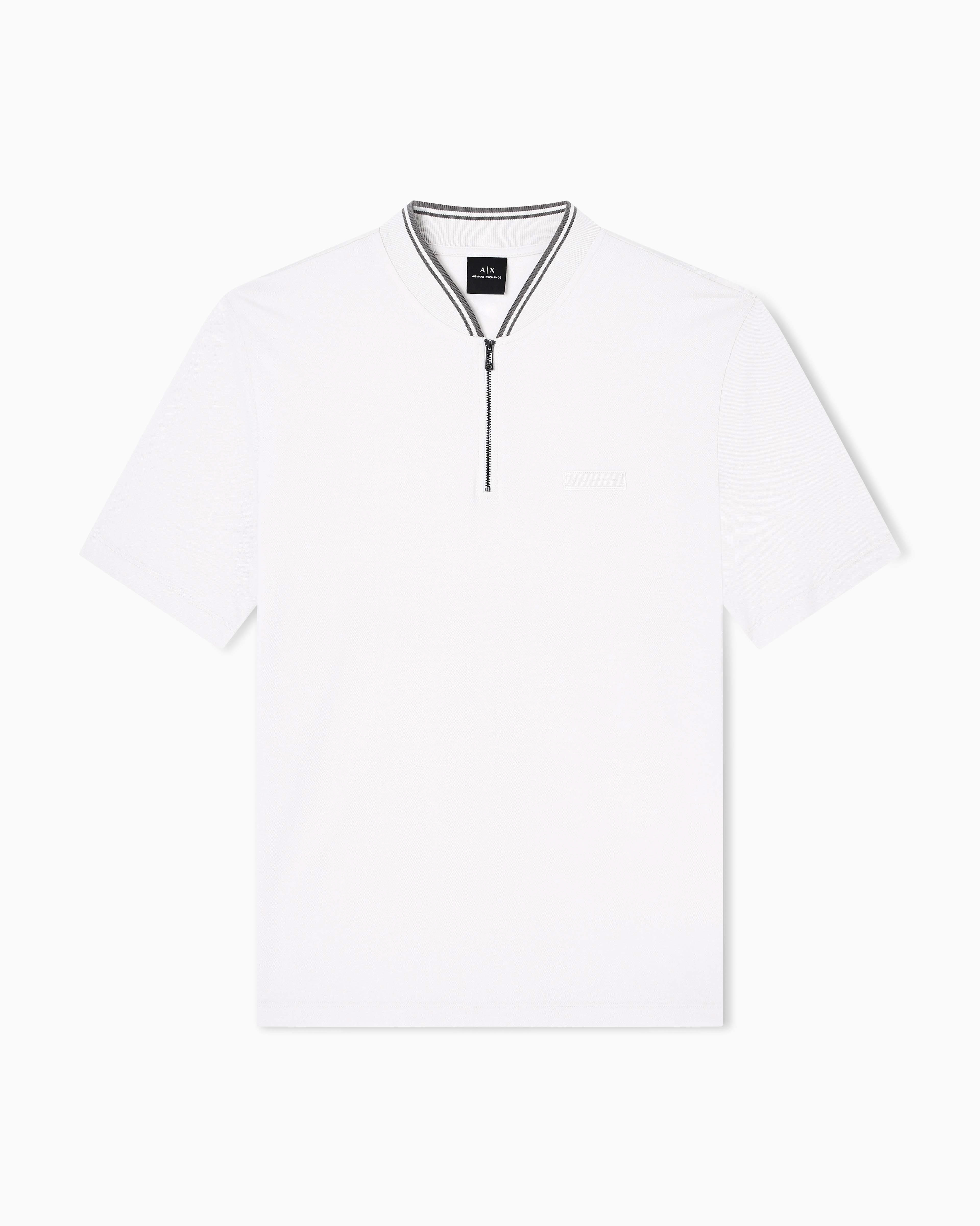 Polo Armani Exchange bianca in cotone con scollo a V e apertura zip