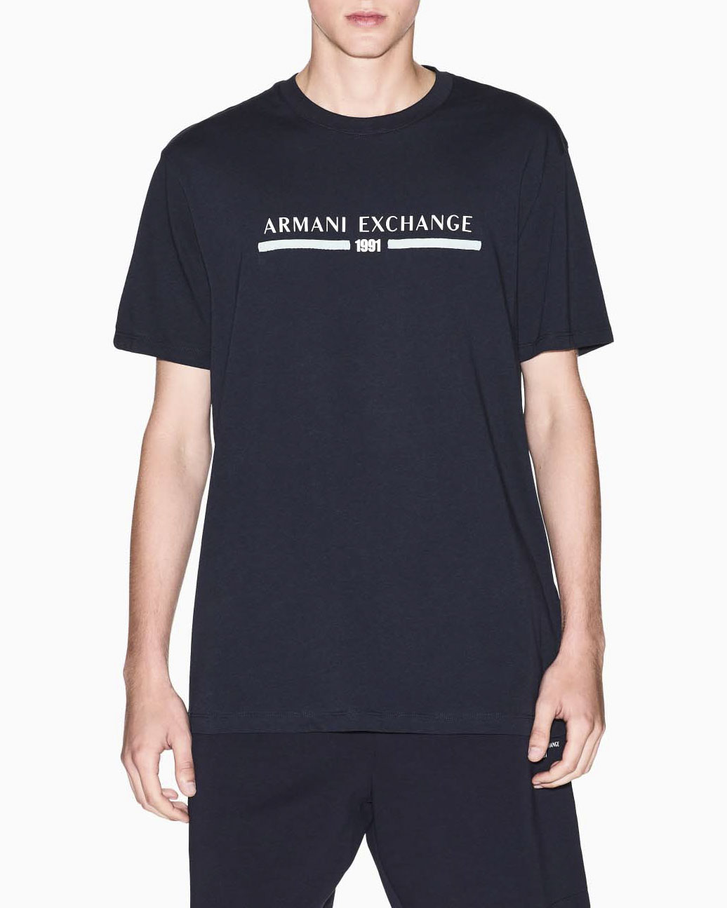 T-shirt mezza manica Exchange blu in cotone con stampa logo frontale