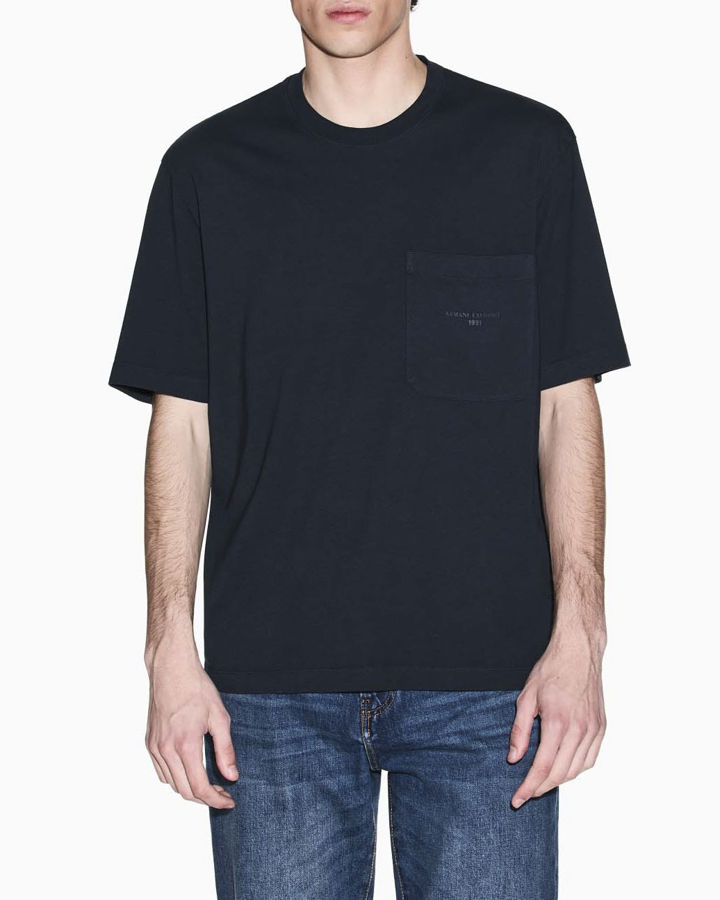 T-shirt Exchange blu in cotone con maxi taschino sul petto