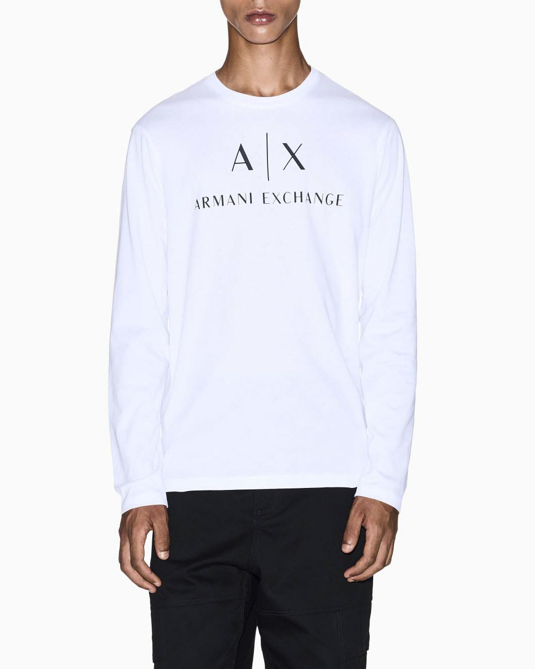Armani Exchange — T-shirt a manica lunga Armani Exchange bianca in cotone con logo stampato frontale