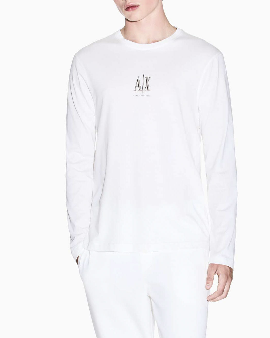 T-shirt a manica lunga Exchange bianca in cotone con logo ricamato centrale sul petto