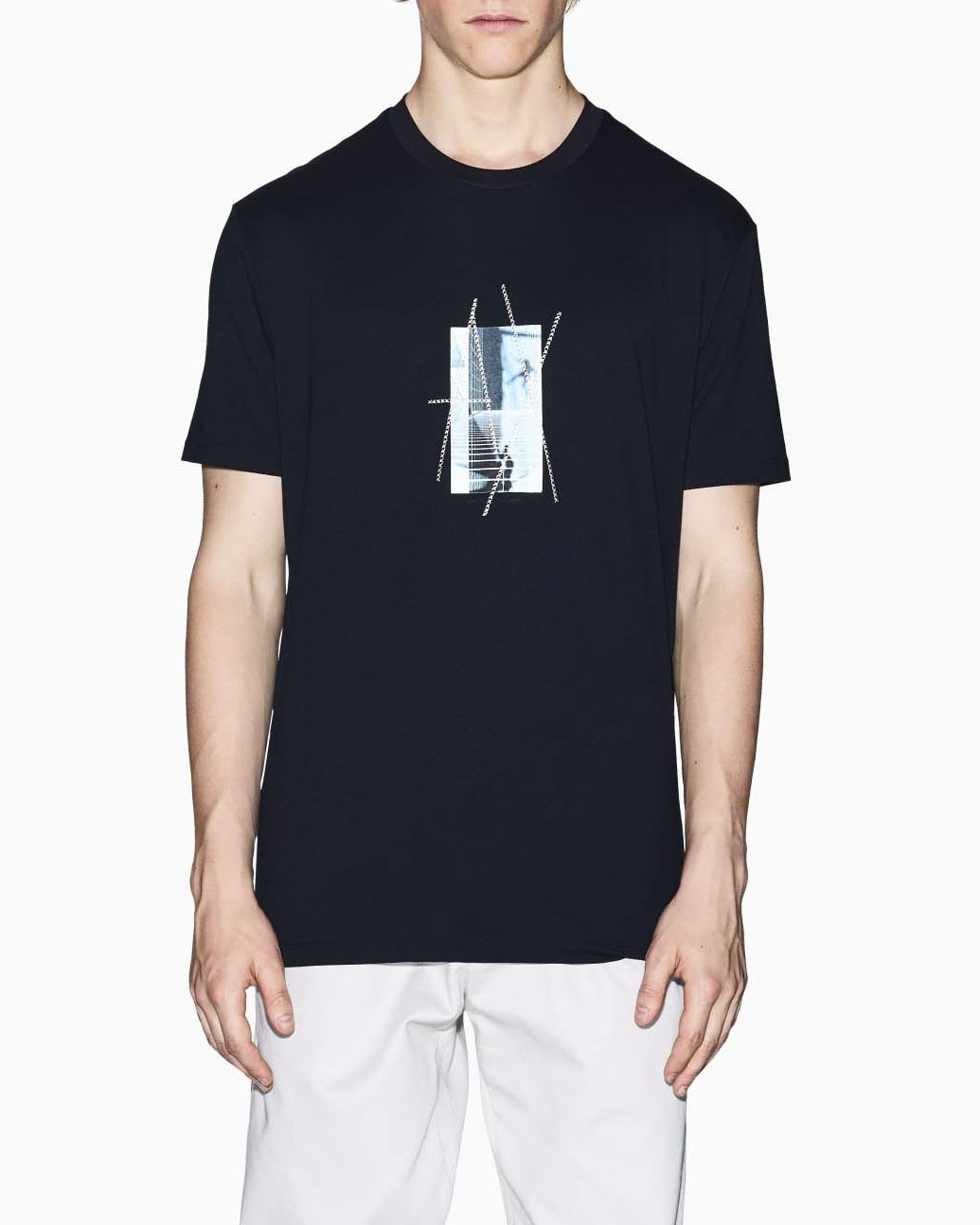 T-shirt Armani Exchange blu in cotone con stampa fotografica e ricamo logo AX frontale