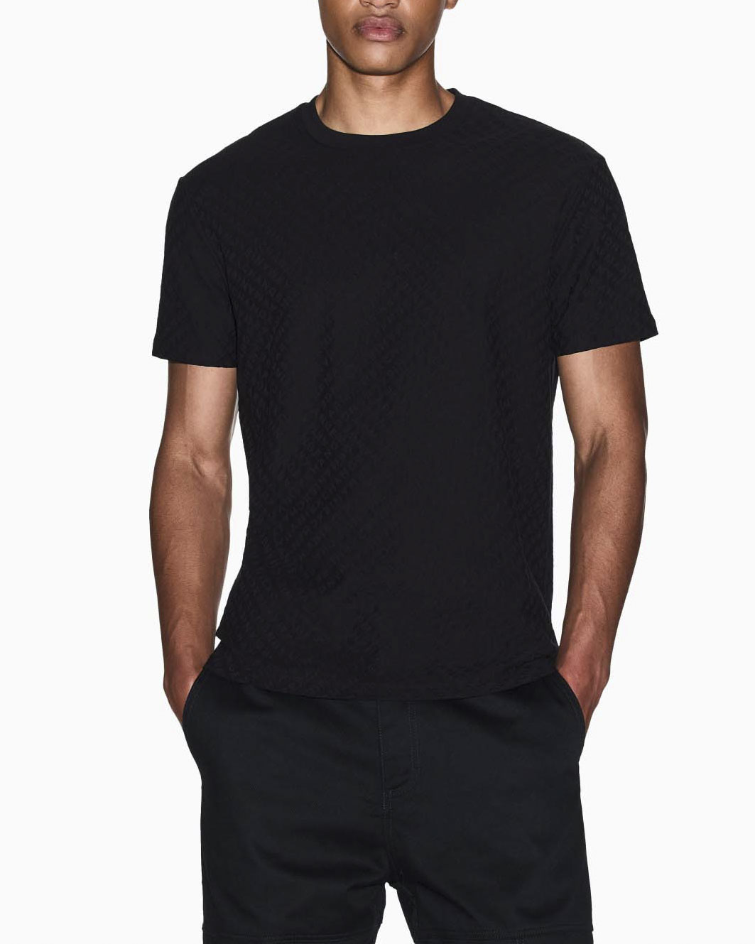 T-shirt Exchange nera in cotone con lavorazione jacquard tono su tono