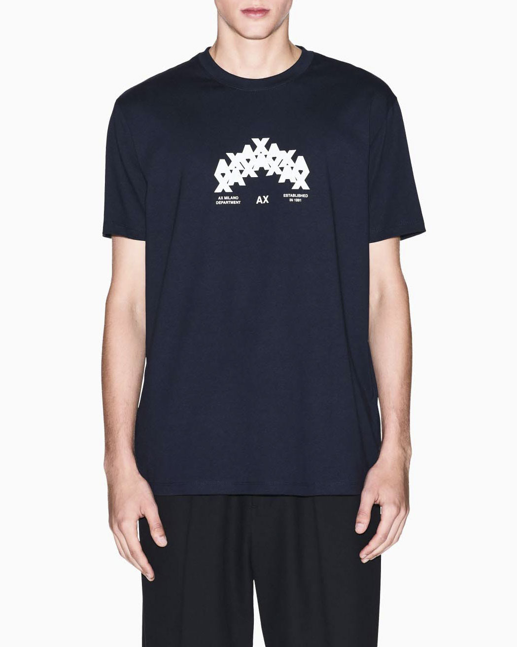 T-shirt Armani Exchange blu in cotone con stampa logo AX ripetuto frontale