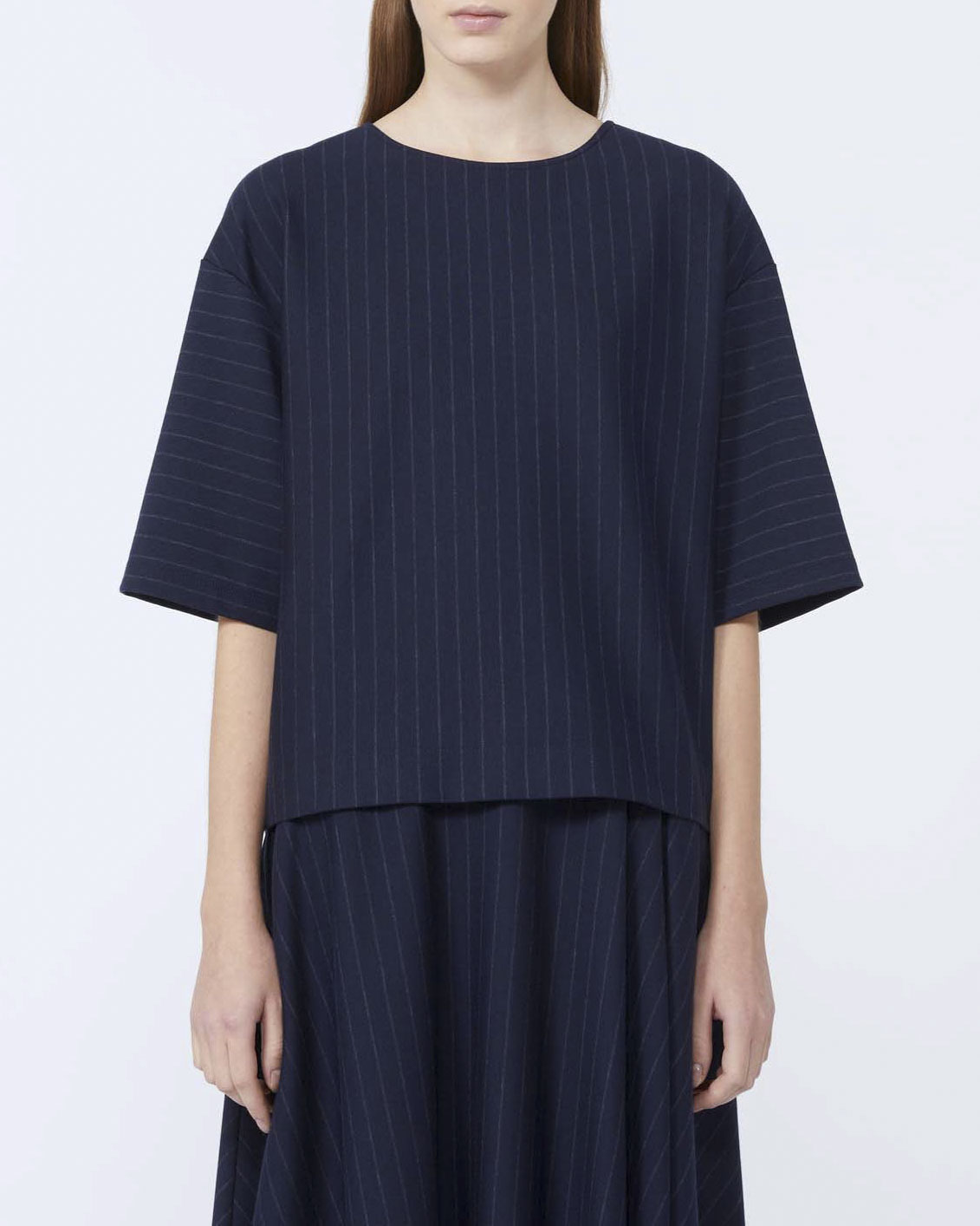 Casacca blu MM Max Mara a maniche corte in misto viscosa gessata con cerniera lungo la schiena image