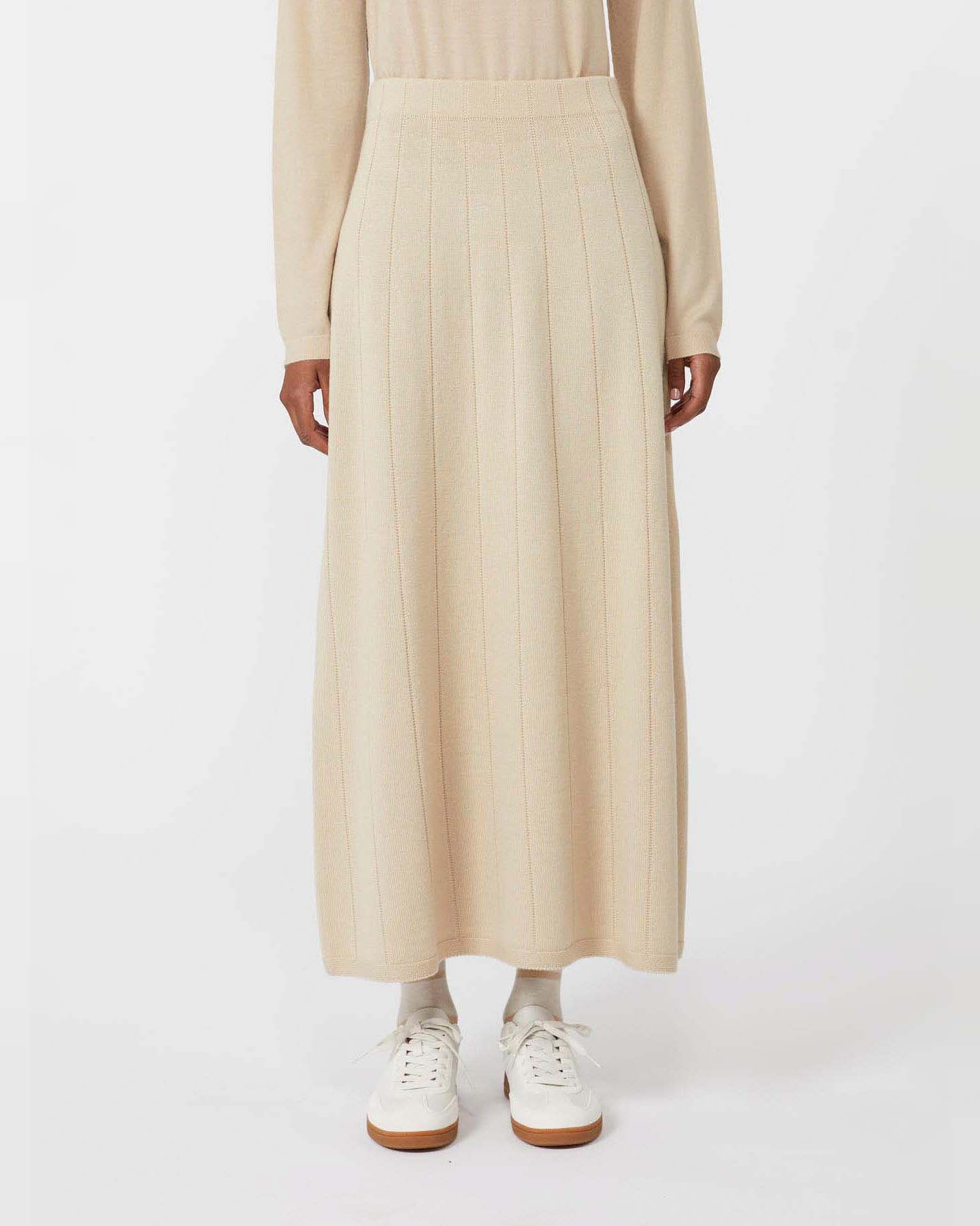 Gonna lunga beige MM Max Mara in maglia di pura lana con motivo a calature