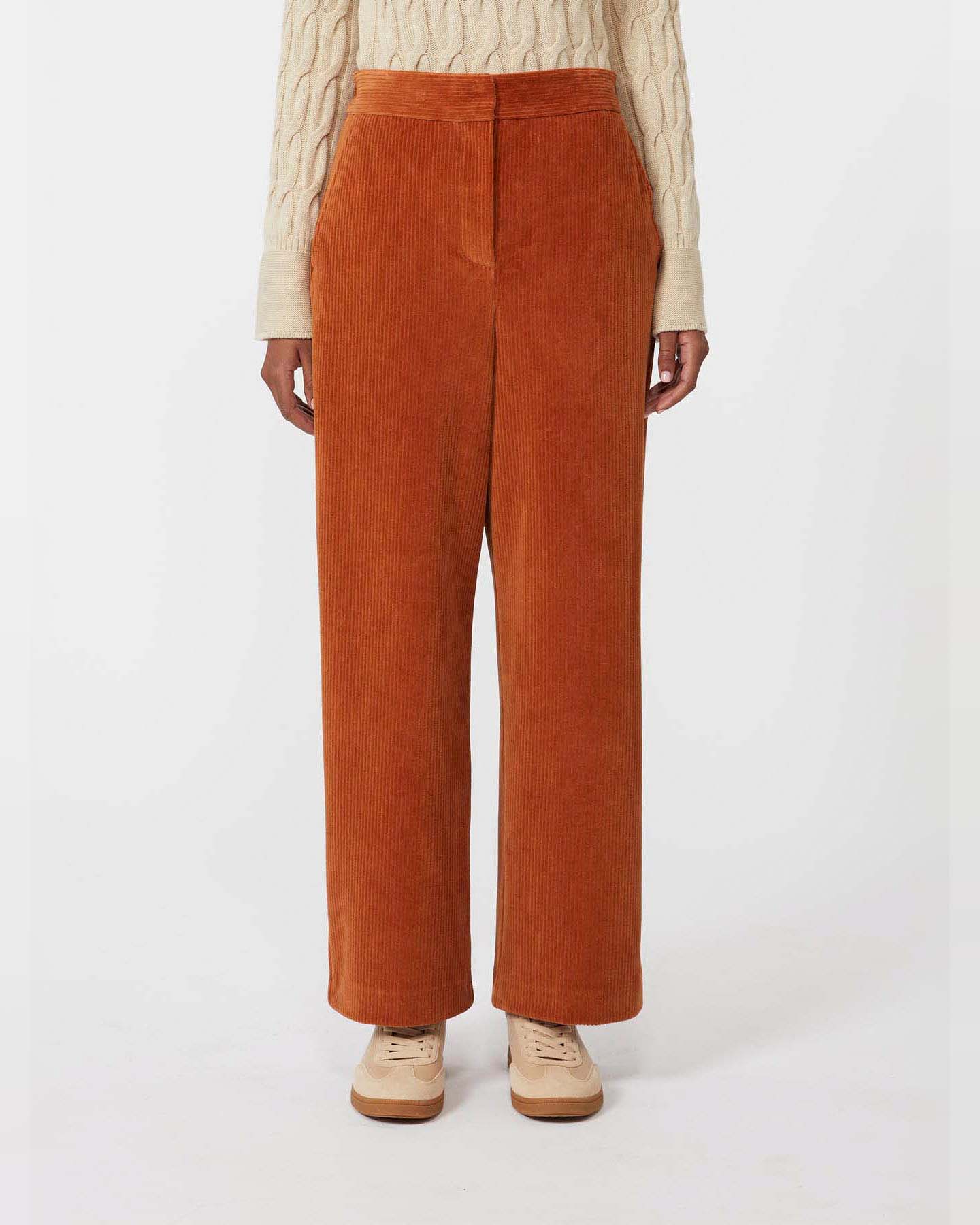 Pantaloni carrot fit color zucca MM Max Mara in velluto a righe di misto cotone