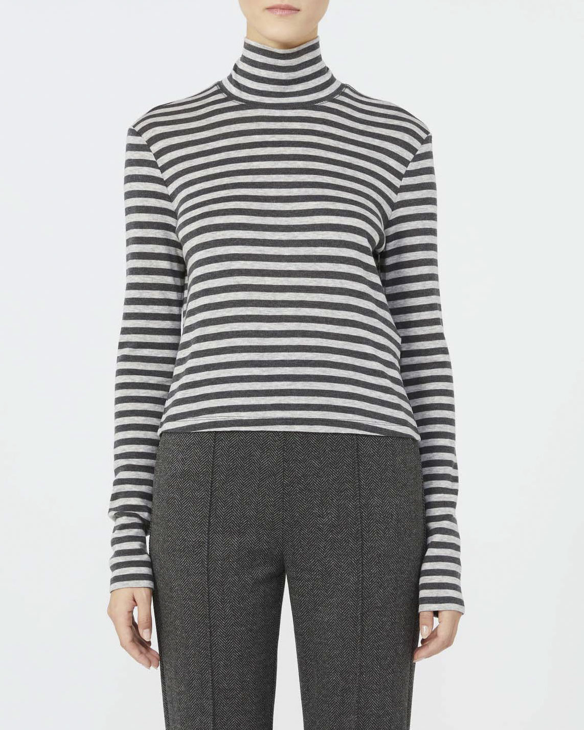 T-shirt manica lunga MM Max Mara con collo alto in misto lana a righe color perla e grigie