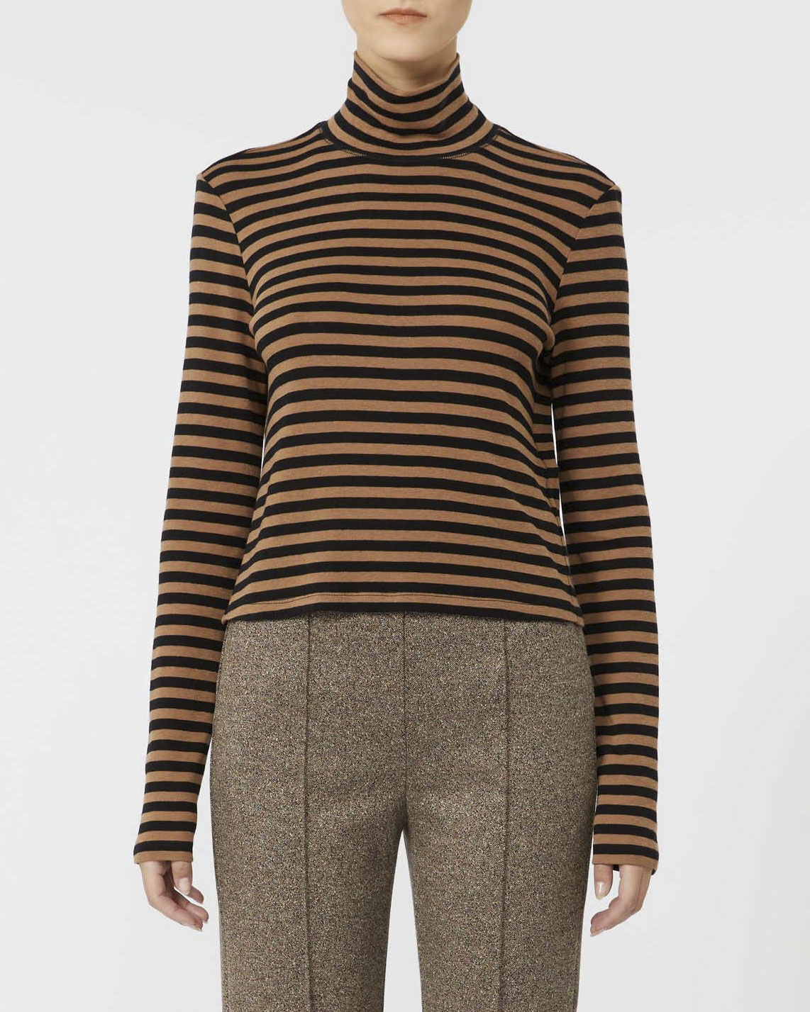 T-shirt manica lunga MM Max Mara con collo alto in misto lana a righe color cammello e nere