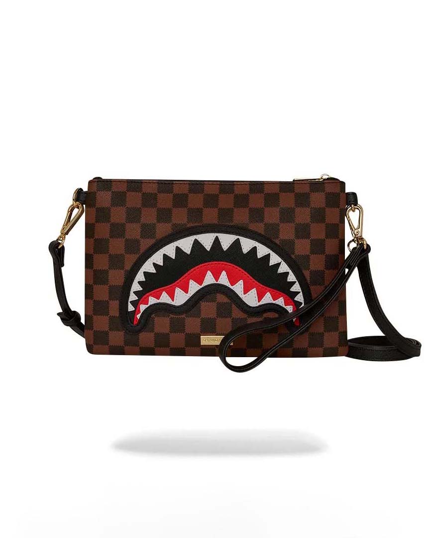 Pochette Sprayground Sawtooth Sharks in Paris Crossover Shark a scacchi marroni e neri