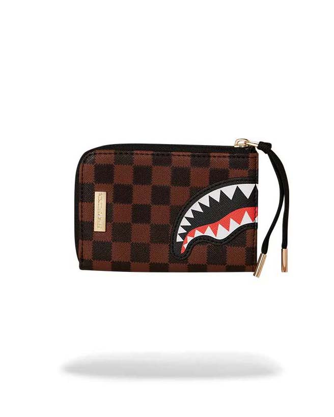 Portafoglio Sprayground Sawtooth Sharks in Paris in similpelle con motivo a scacchi neri e marroni e fauci di squalo