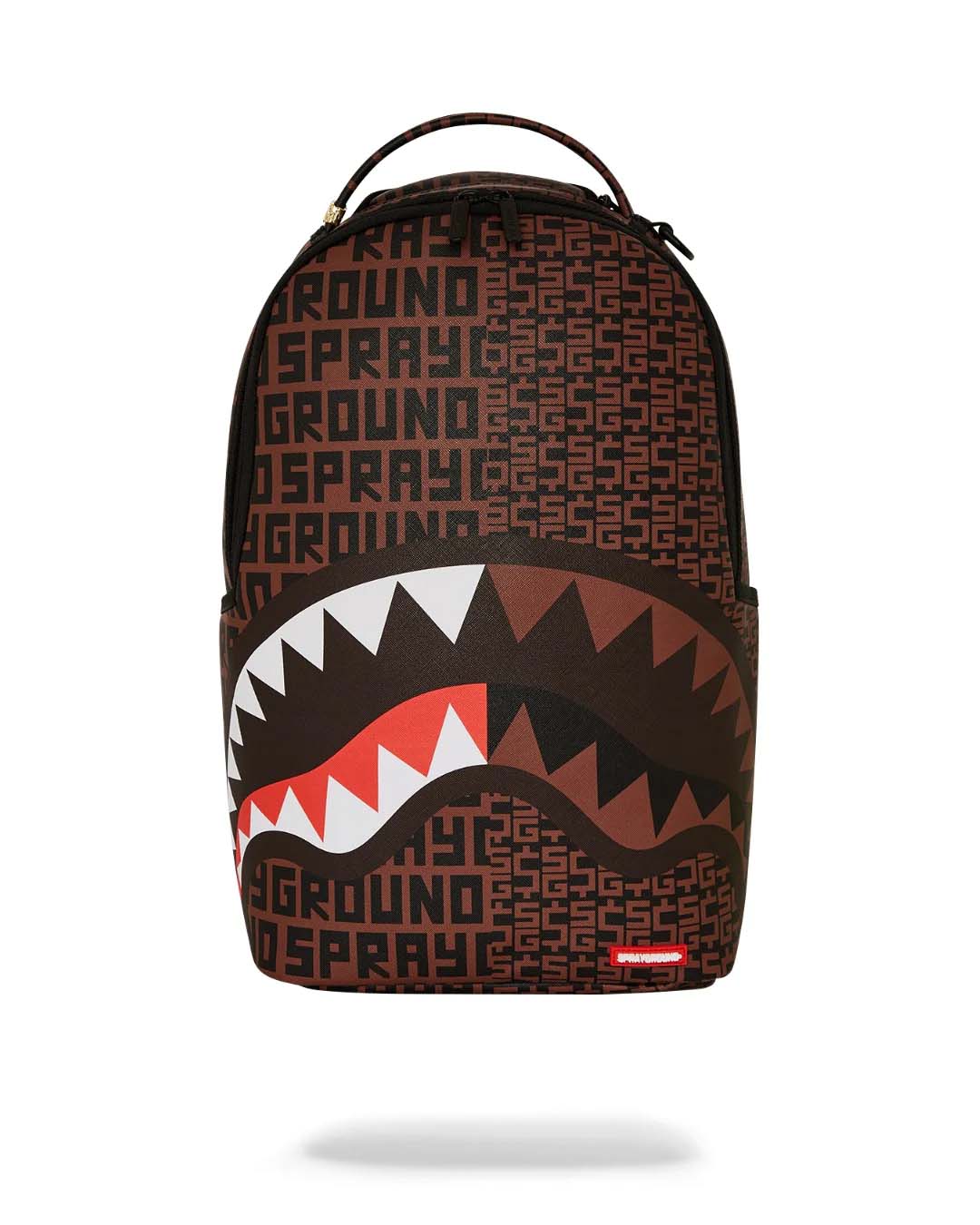 Zaino Sprayground Money Split Dlx in similpelle marrone con logo all over e fauci di squalo