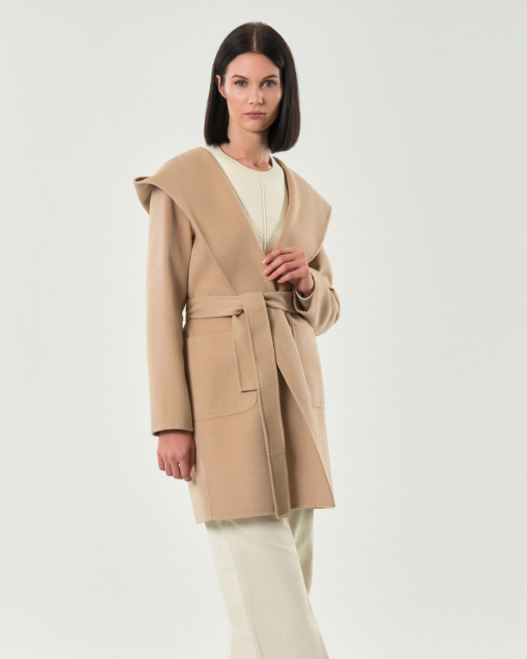 Cappotto beige Emme Marella in panno double con cappuccio e scollo sciallato