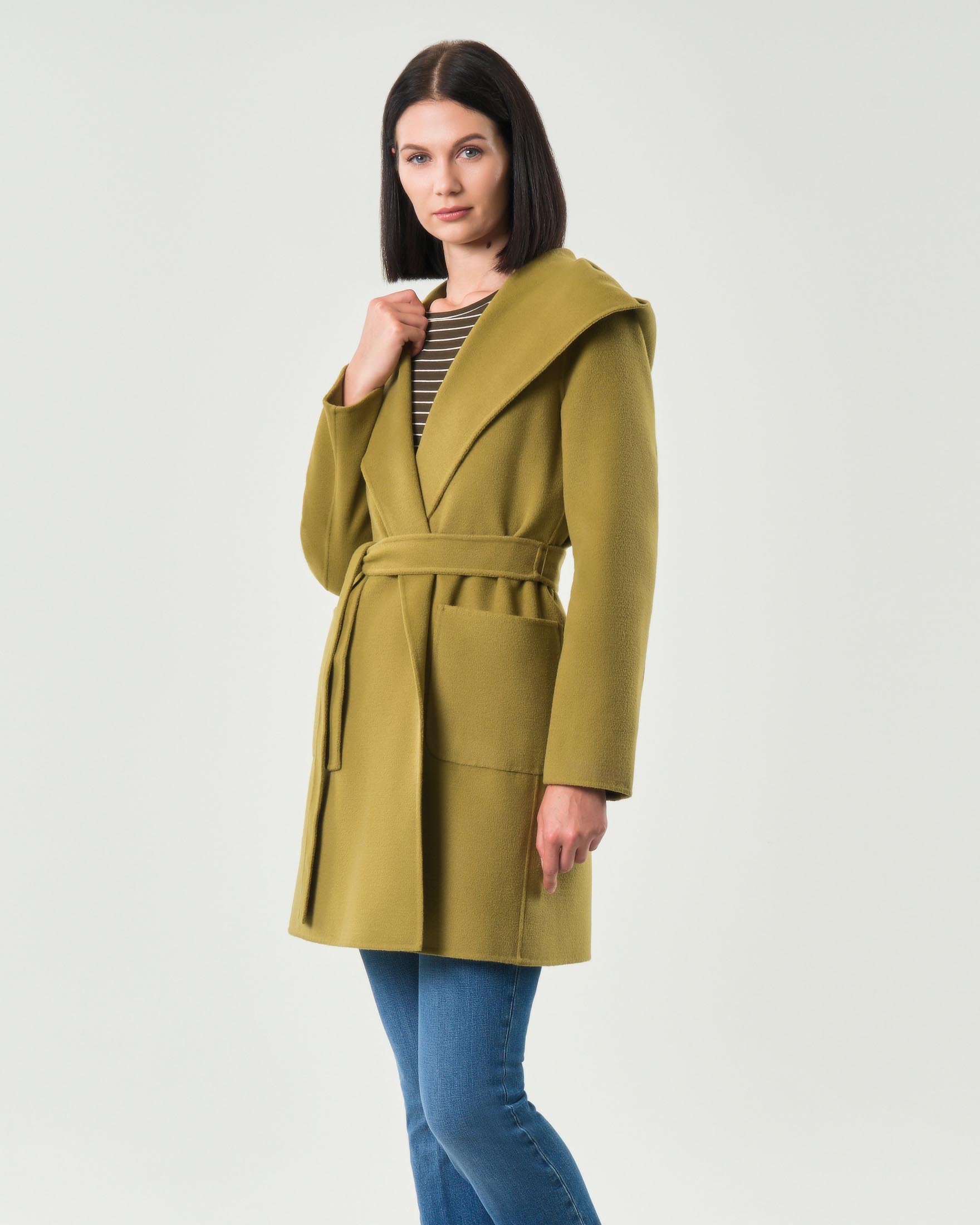 Cappotto verde oliva Emme Marella in panno double con cappuccio e scollo sciallato