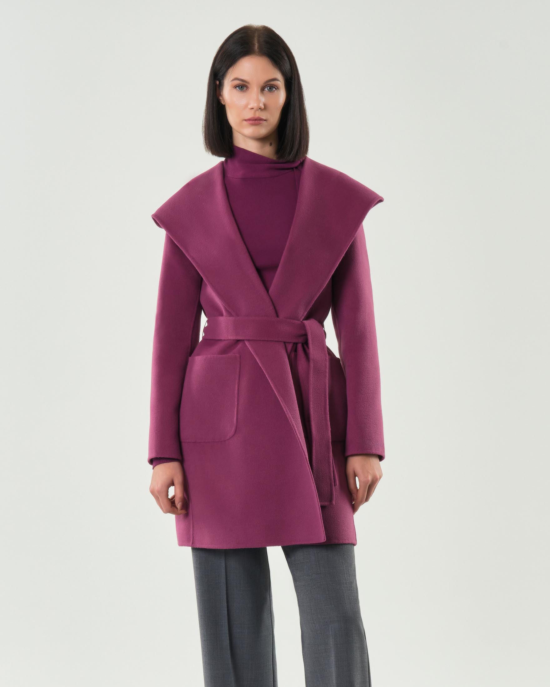 Cappotto color ciclamino Emme Marella in panno double con cappuccio e scollo sciallato