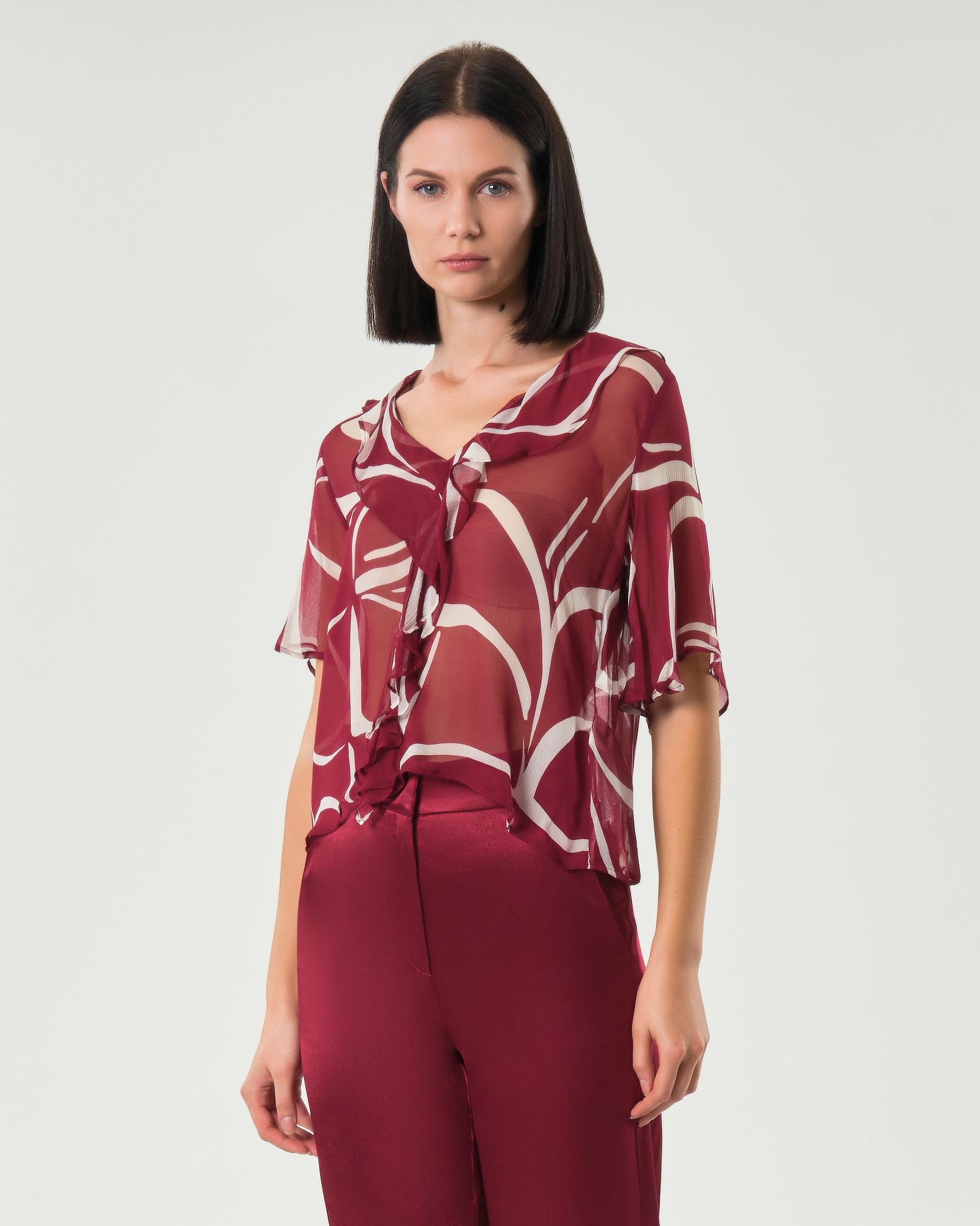 Blusa bordeaux e avorio a fantasia Emme Marella in georgette di viscosa con maniche a volant