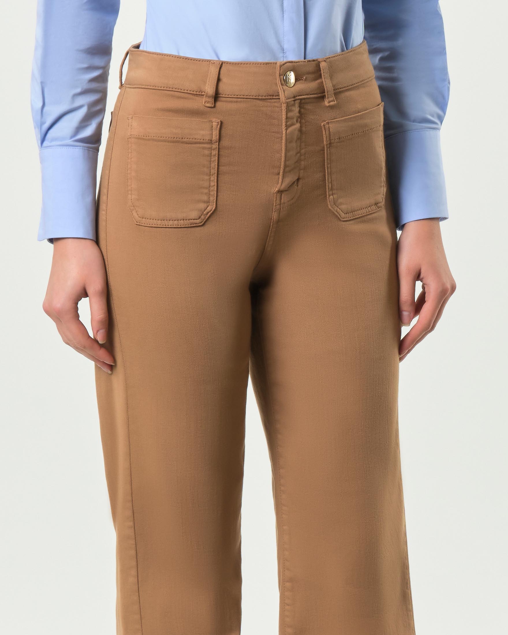 Pantaloni wide color cammello Emme Marella in bull di viscosa e costone con taschini applicati image