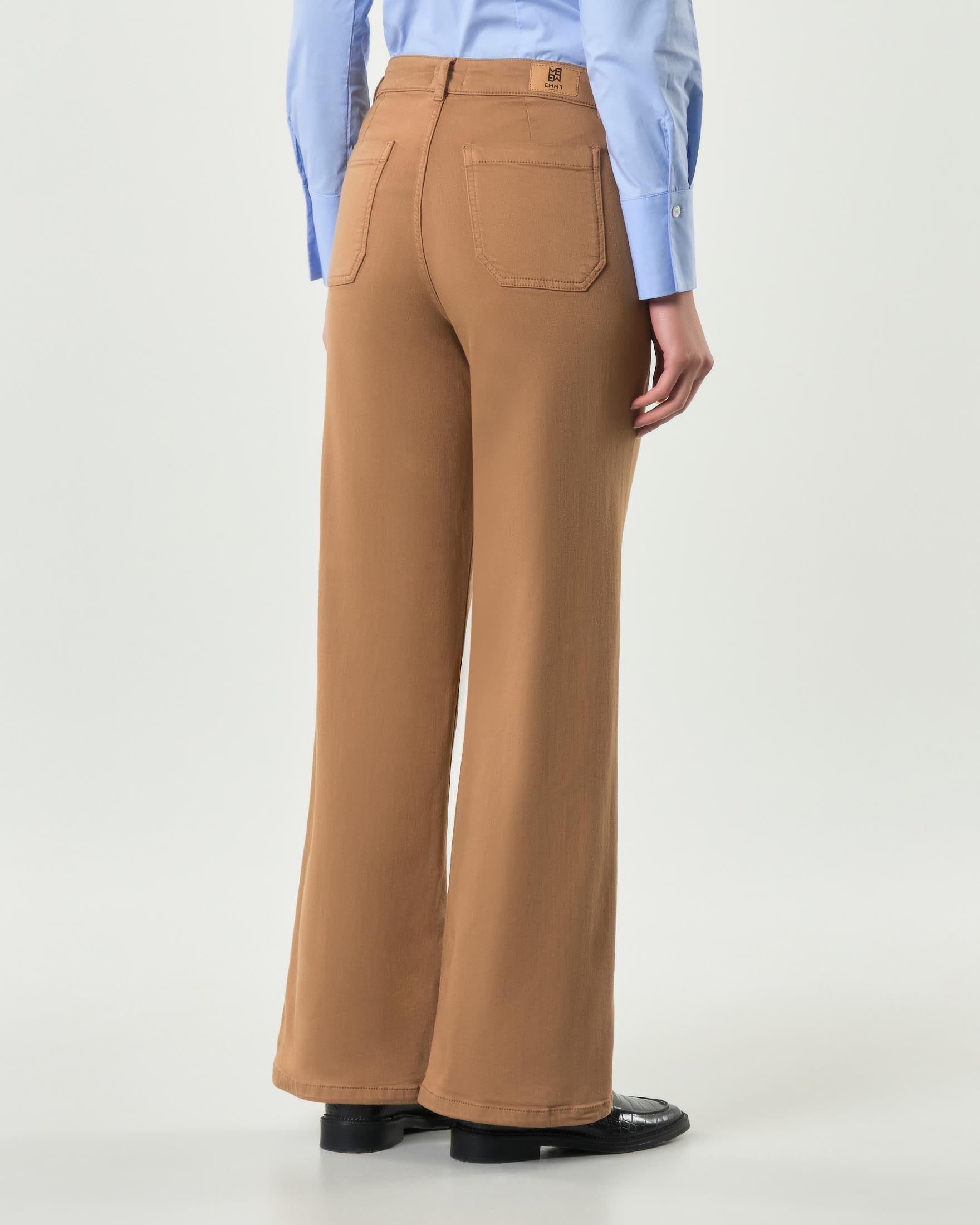 Pantaloni wide color cammello Emme Marella in bull di viscosa e costone con taschini applicati