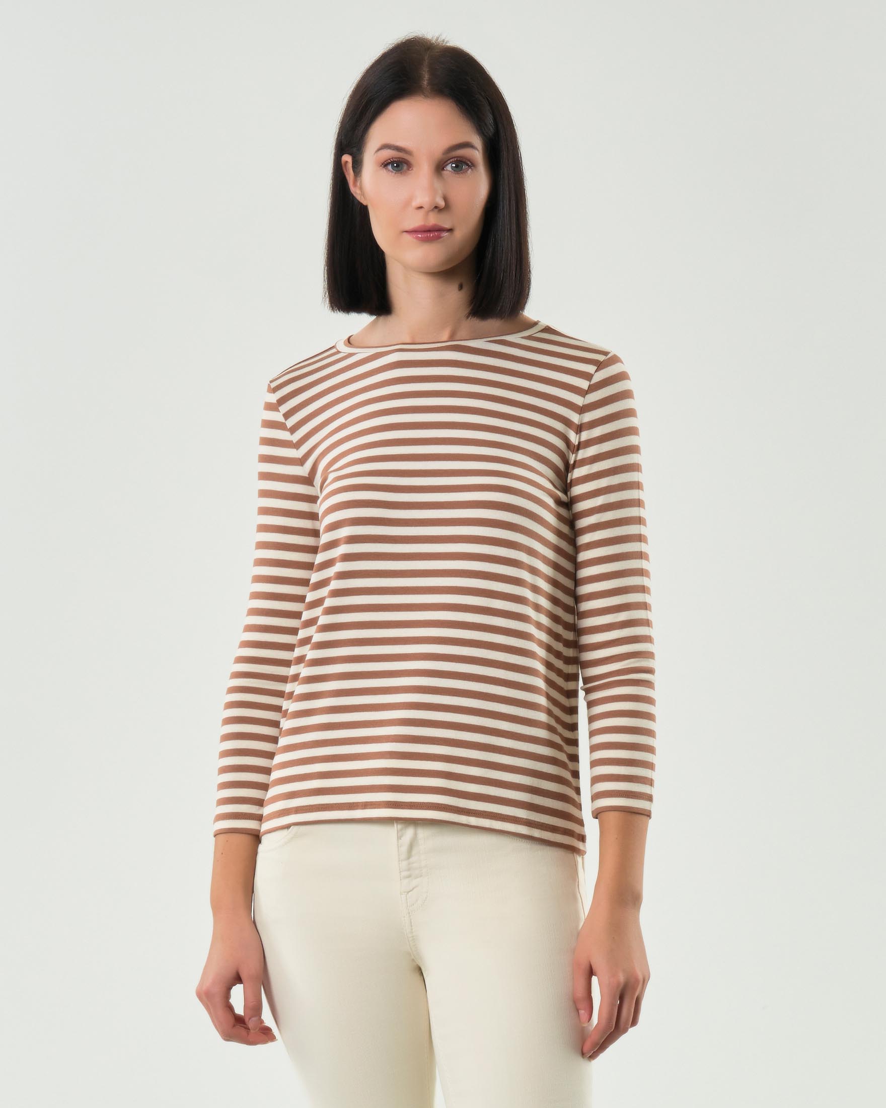 T-shirt color panna a righe cammello Emme Marella a maniche lunghe in viscosa stretch