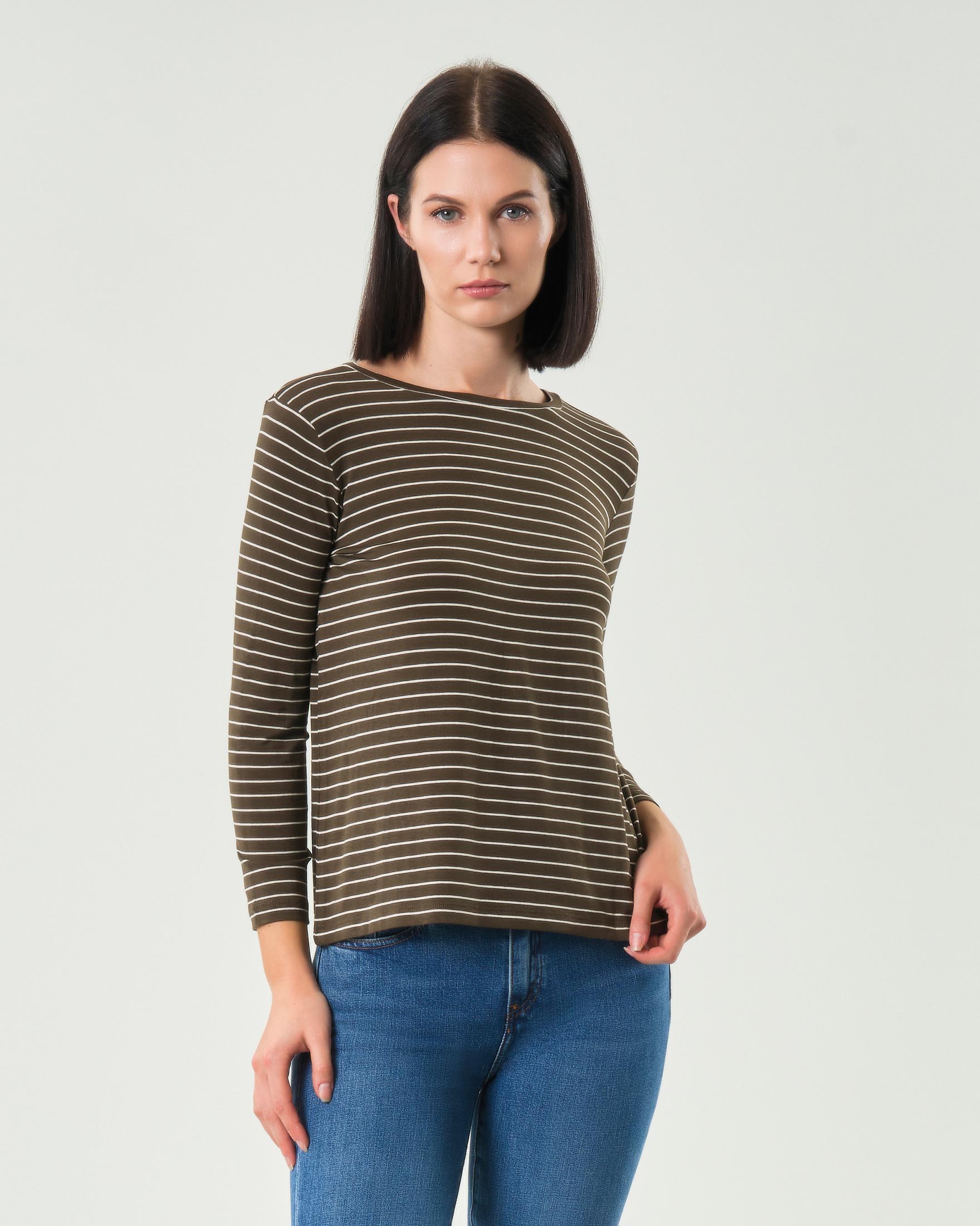 T-shirt verde militare a righe sottili bianche Emme Marella a maniche lunghe in viscosa stretch