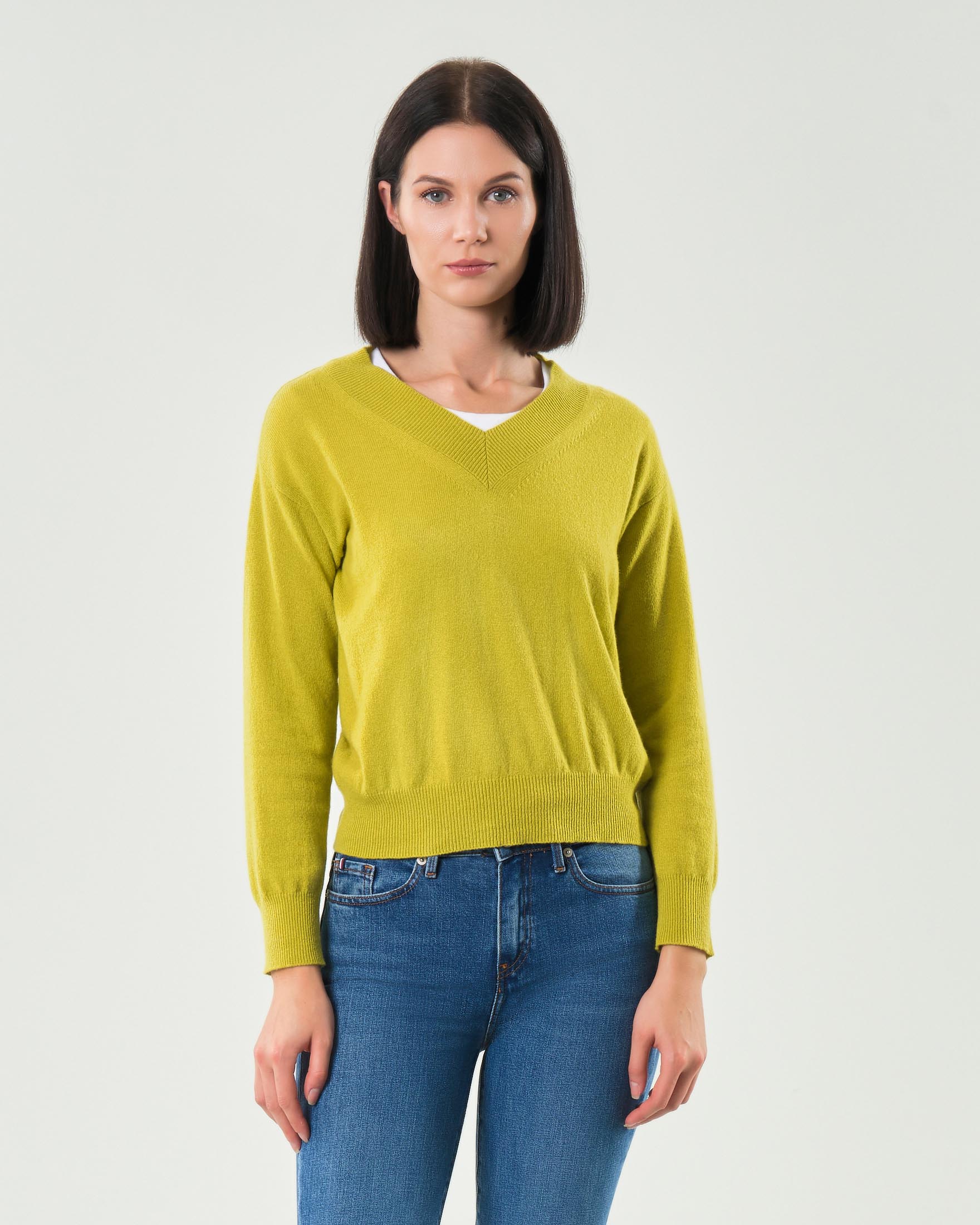 Maglia color lime cropped Emme Marella in misto lana e cashmere con scollo a V