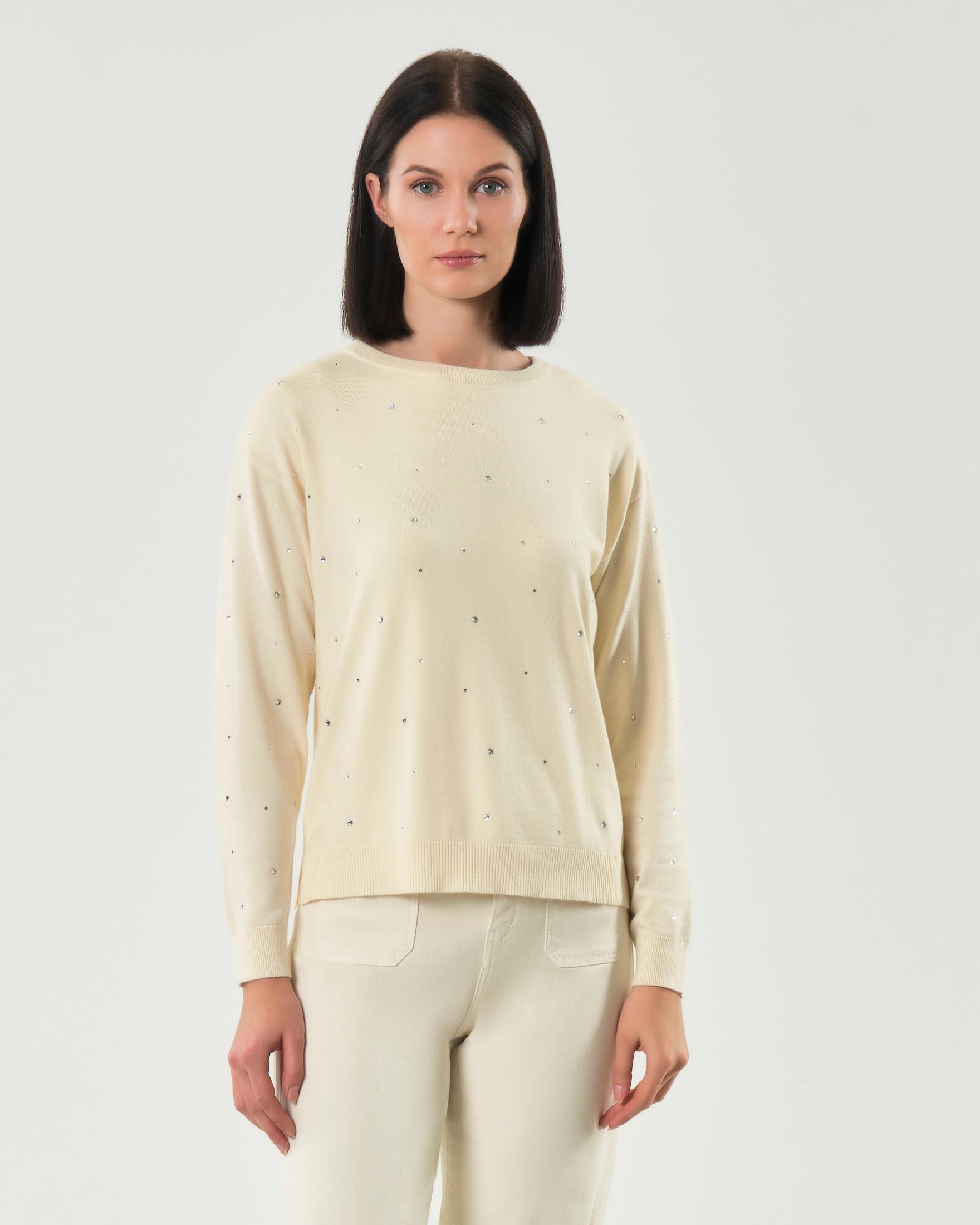 Maglia color avorio Emme Marella in misto viscosa con strass applicati sul davanti