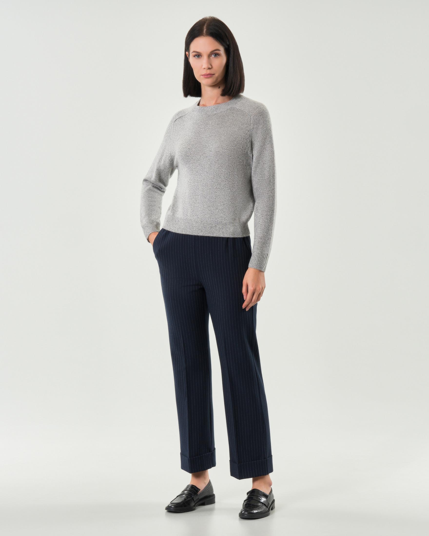 Pantaloni blu gessati Emme Marella in misto viscosa con risvolto ed elastico in vita