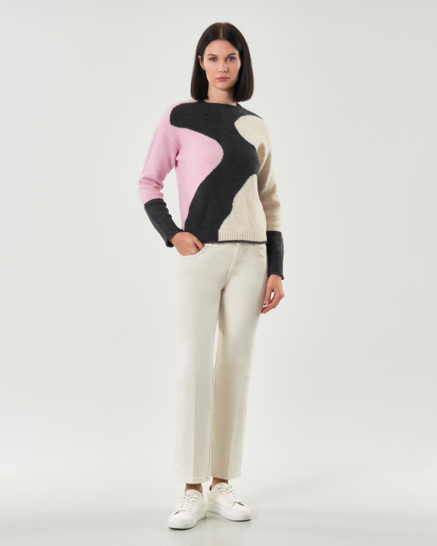 Pantaloni color panna alla caviglia a trombetta Emme Marella in twill di cotone stretch