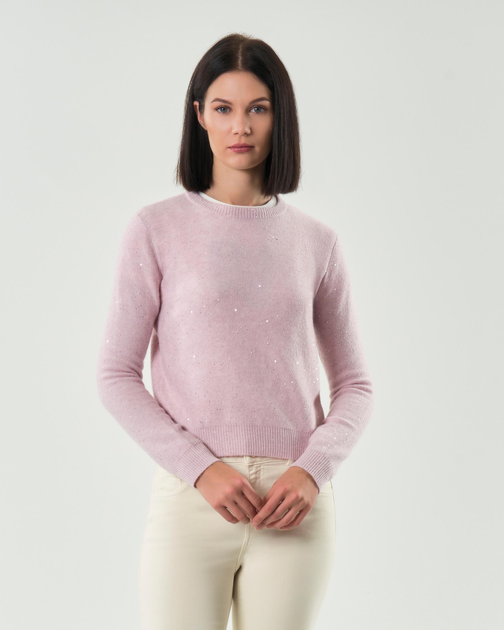 Maglia girocollo rosa Emme Marella in misto lana rasata con paillettes applicate all over