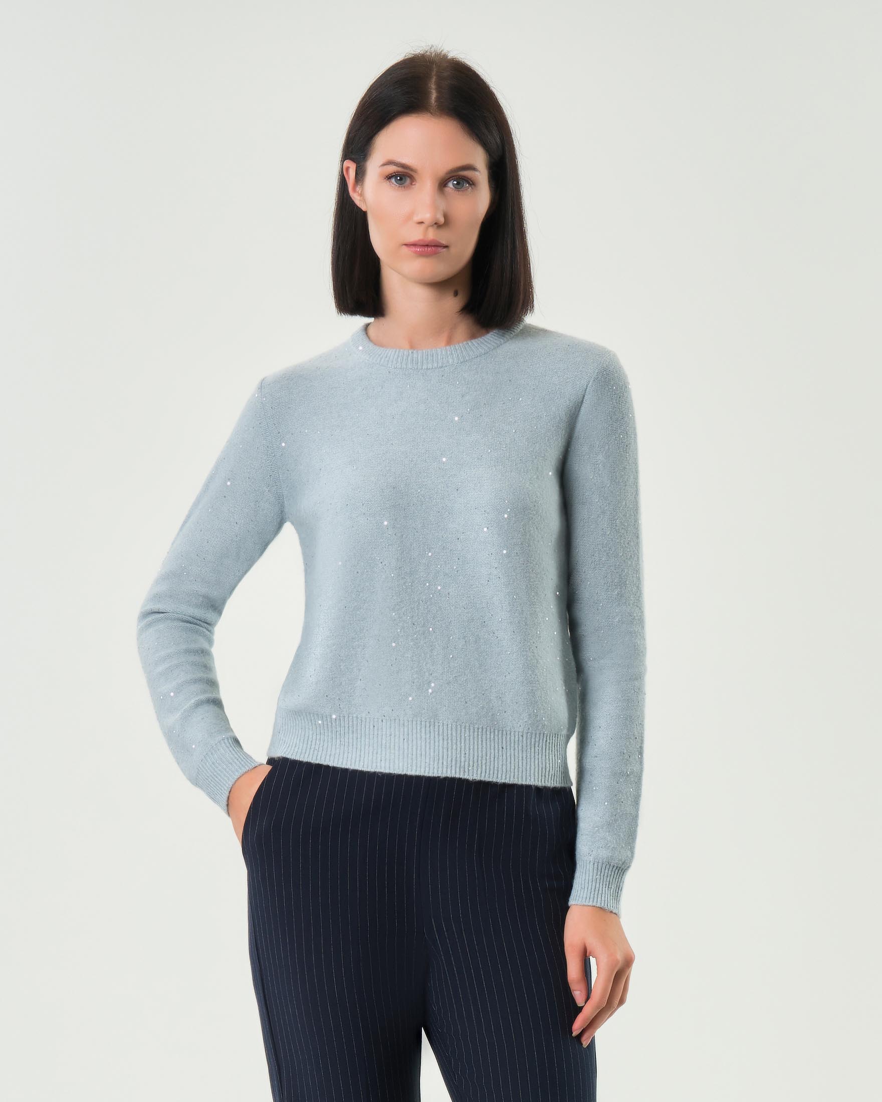 Maglia girocollo azzurra Emme Marella in misto lana rasata con paillettes applicate all over