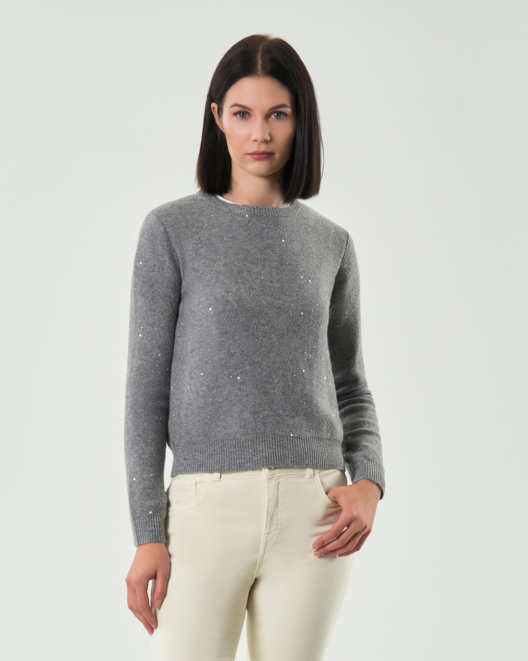 Maglia girocollo grigia Emme Marella in misto lana rasata con paillettes applicate all over